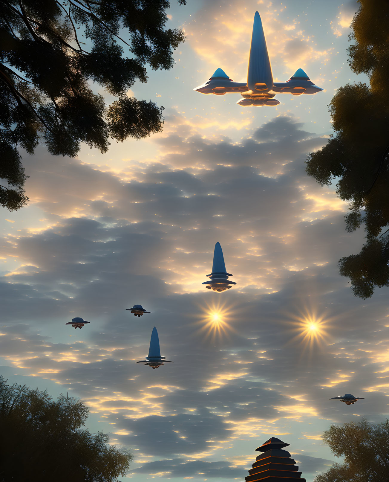 Glowing flying vehicles in dusky sky with lens flare effects