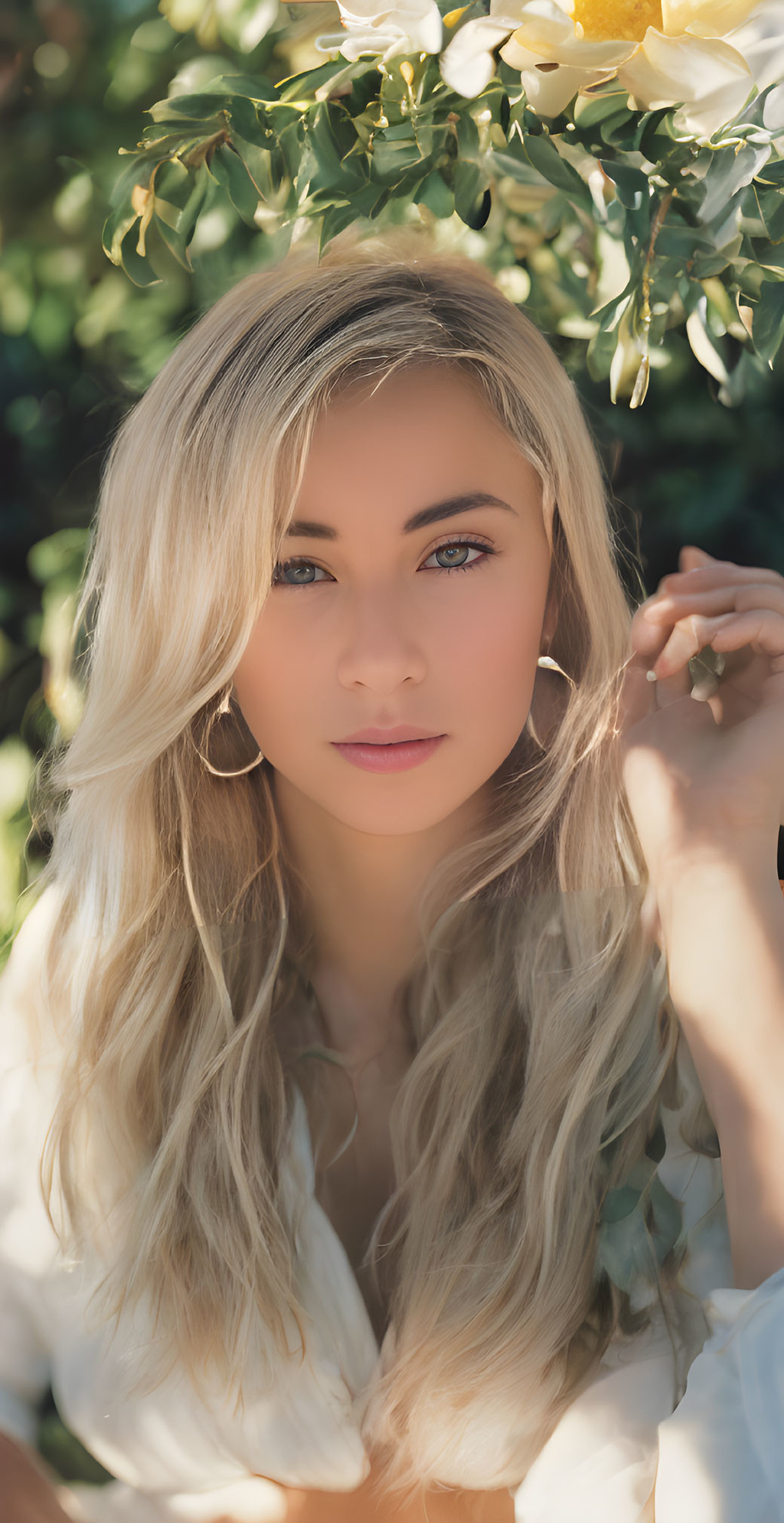 Blonde woman with blue eyes in nature surrounded by flowers and sunlight.