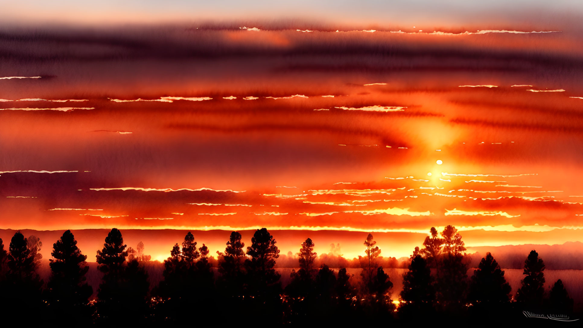 Vibrant layered orange and red sunset clouds over silhouetted trees