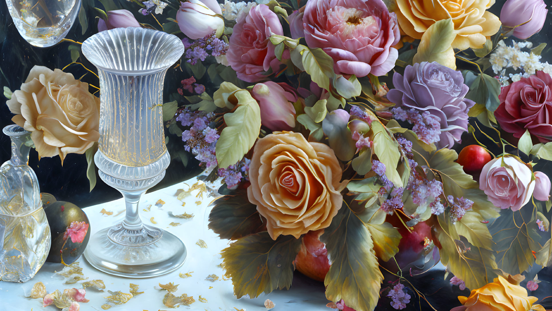 Detailed Still Life Painting of Flowers and Glassware