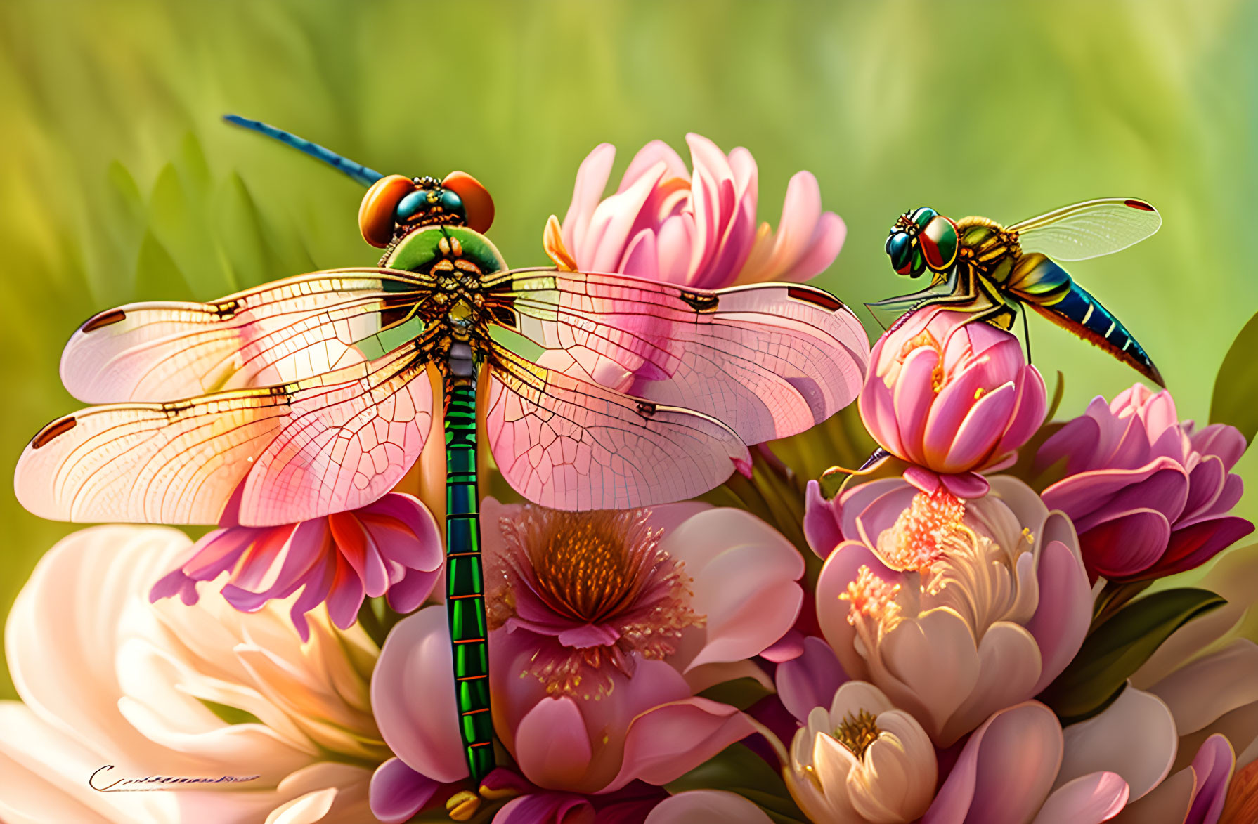 Vibrant pink blossoms with two colorful dragonflies on soft green background