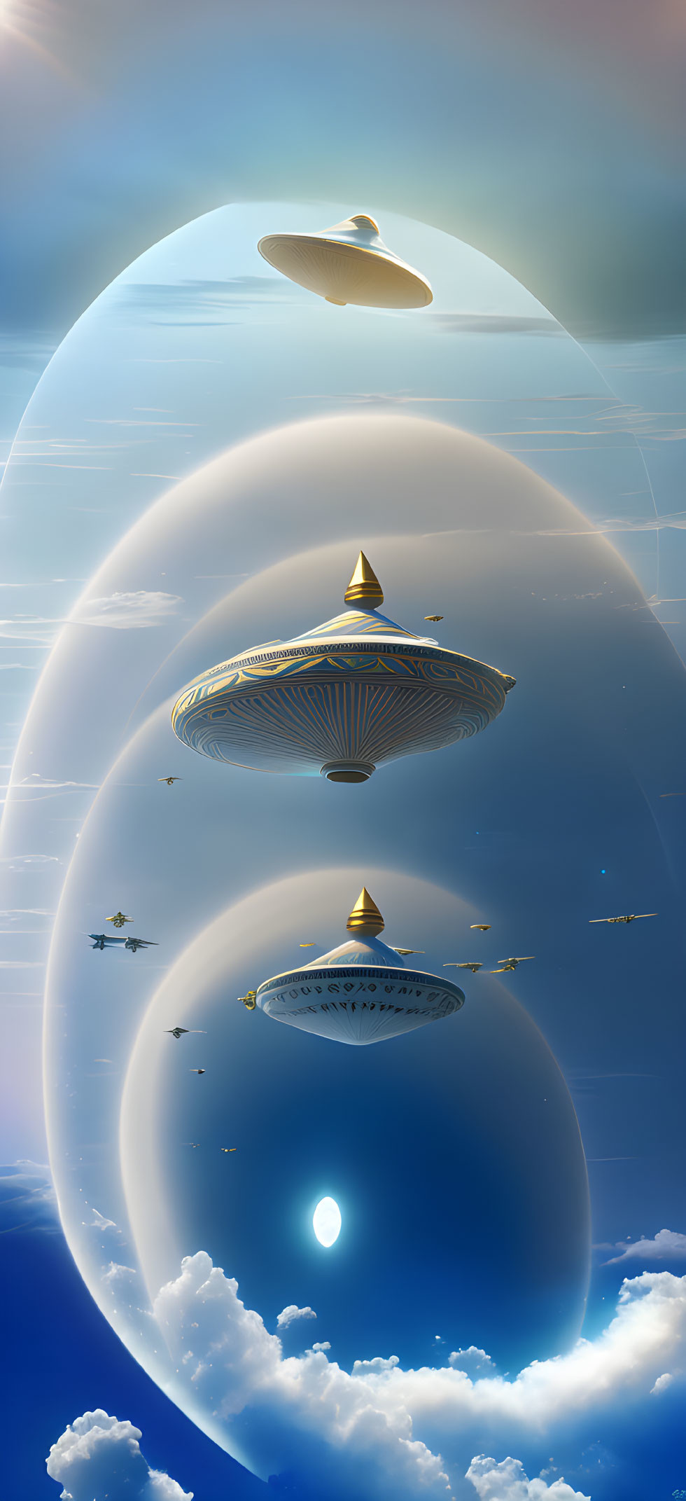 Surreal sky with floating islands and futuristic architecture above clouds