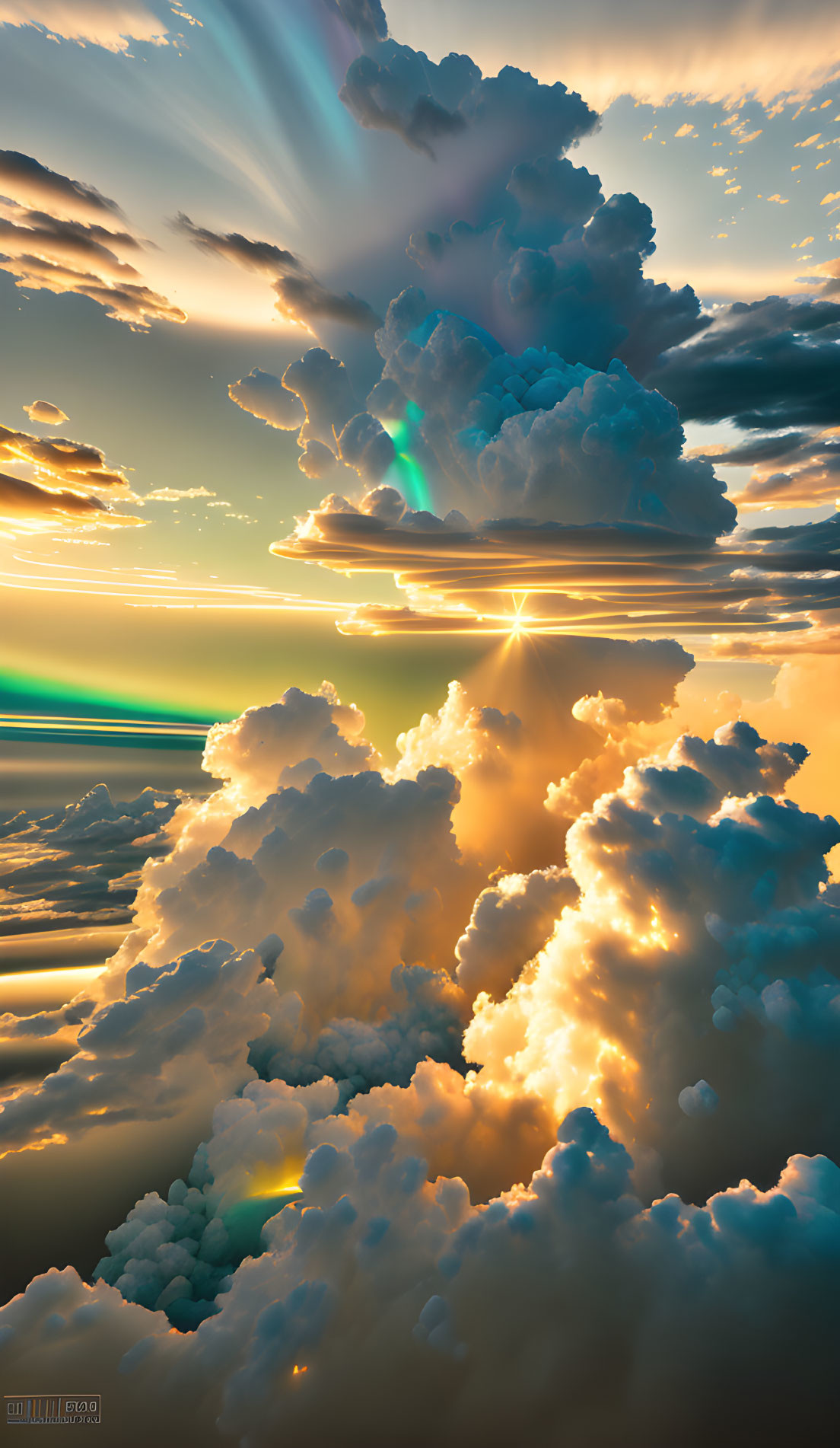 Sunbeams through majestic cumulus clouds at golden hour