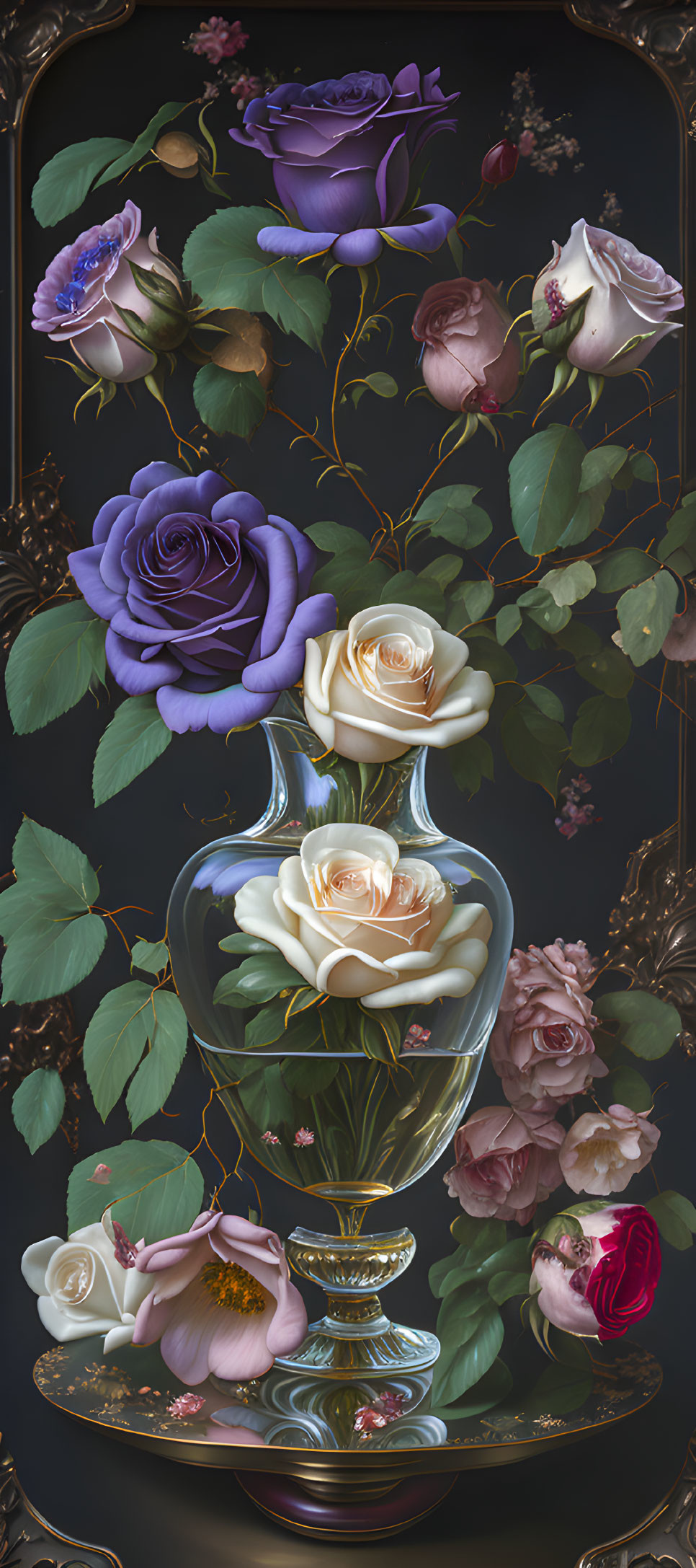 Multi-colored roses in classic vase on dark background