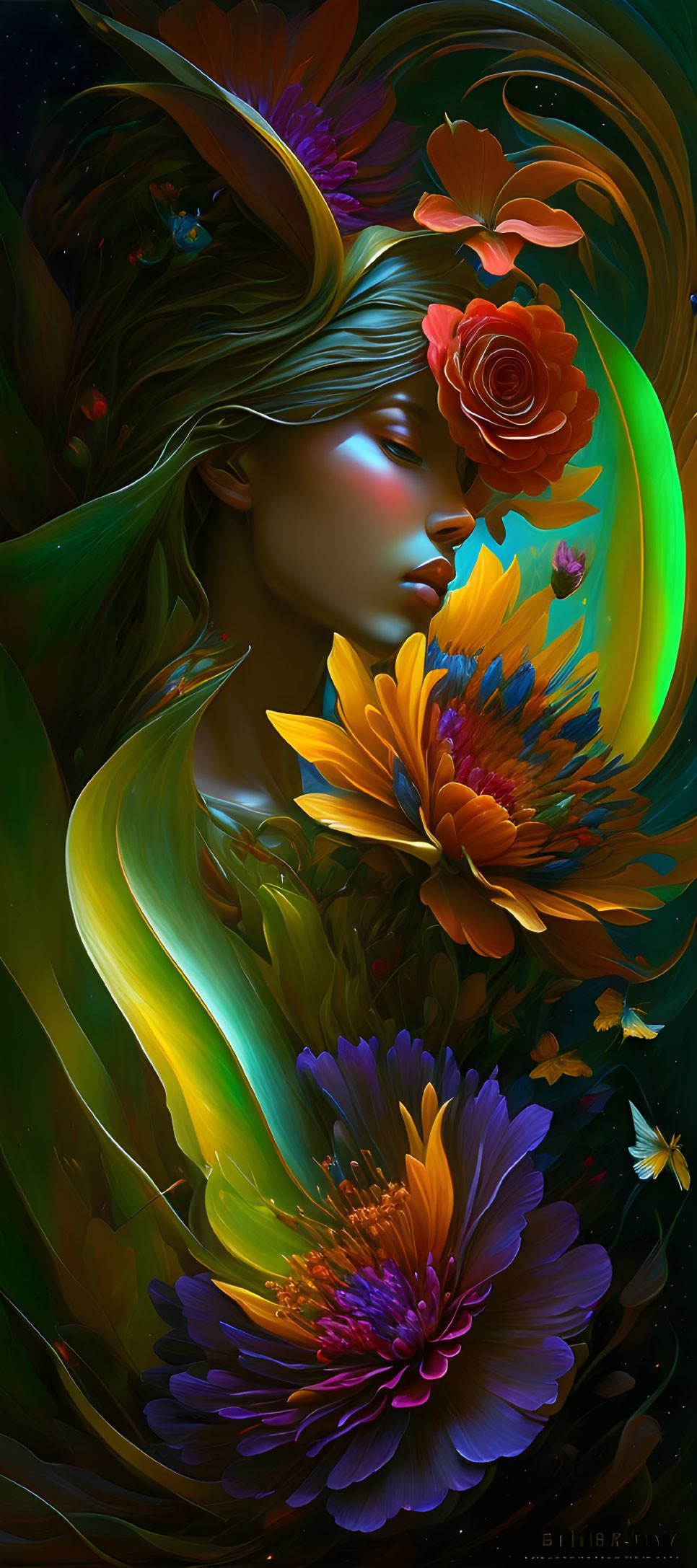 Digital artwork: Serene woman with colorful flowers and flowing hair