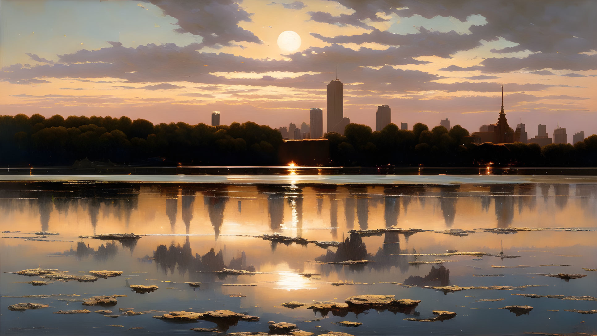 City skyline at sunset reflecting on calm river with warm glow.