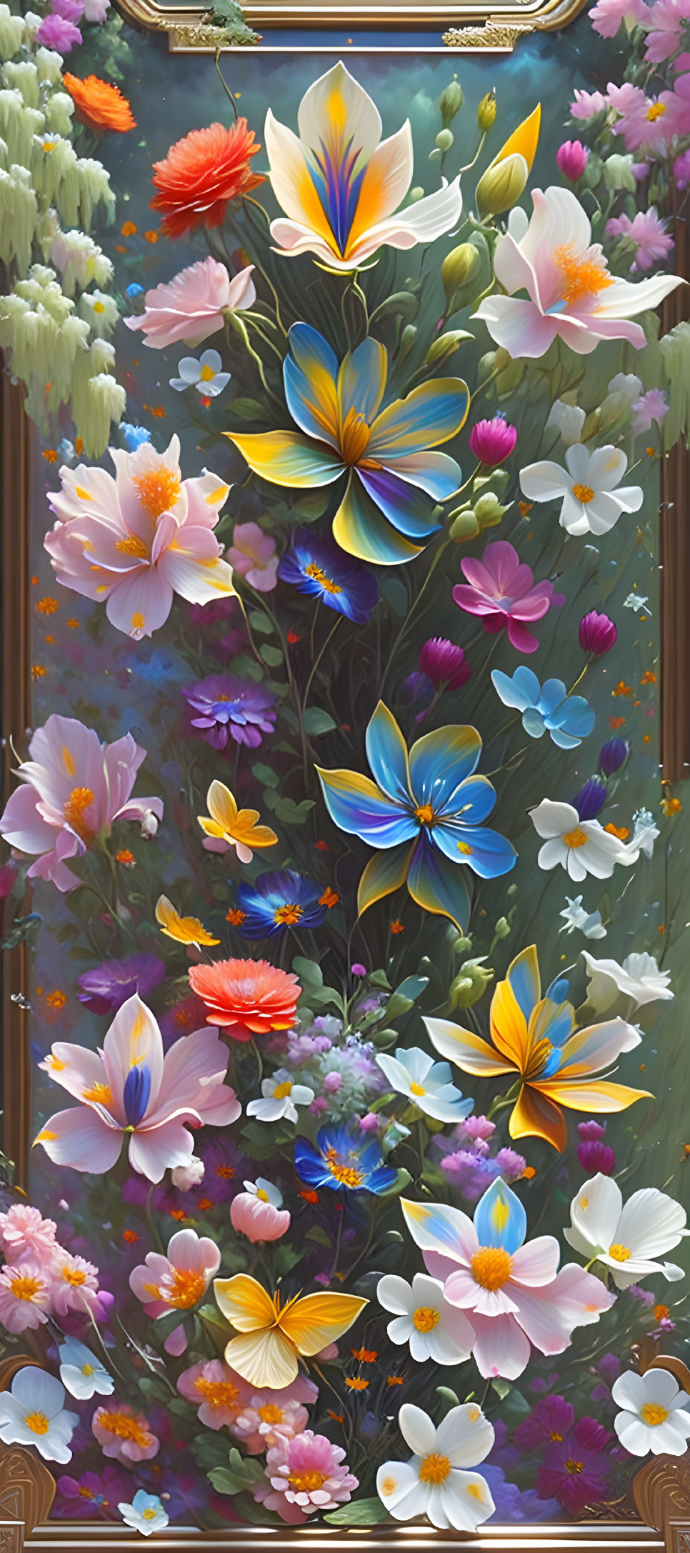 Colorful Vertical Flower Painting with Diverse Blooms in Ornate Frame