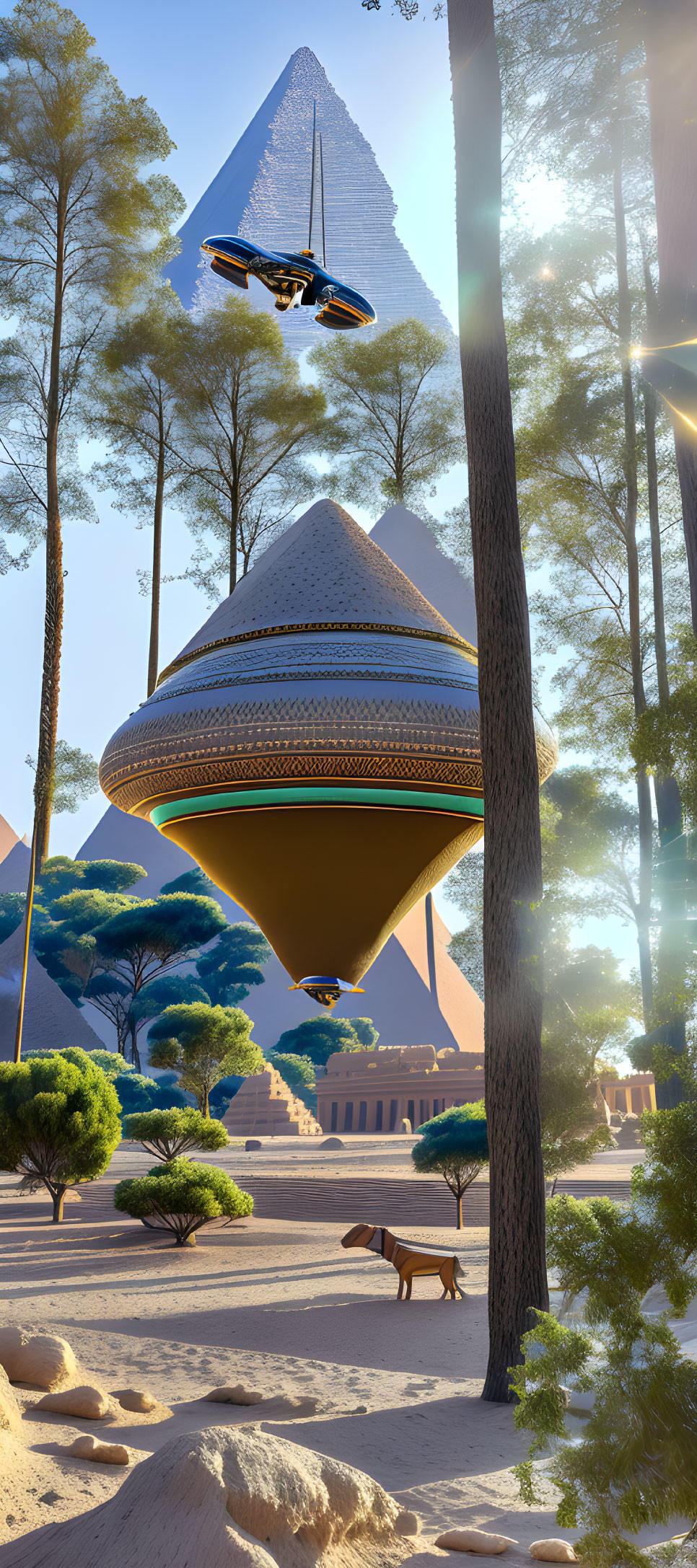 Futuristic pyramid spaceship over forest with dog-like creature