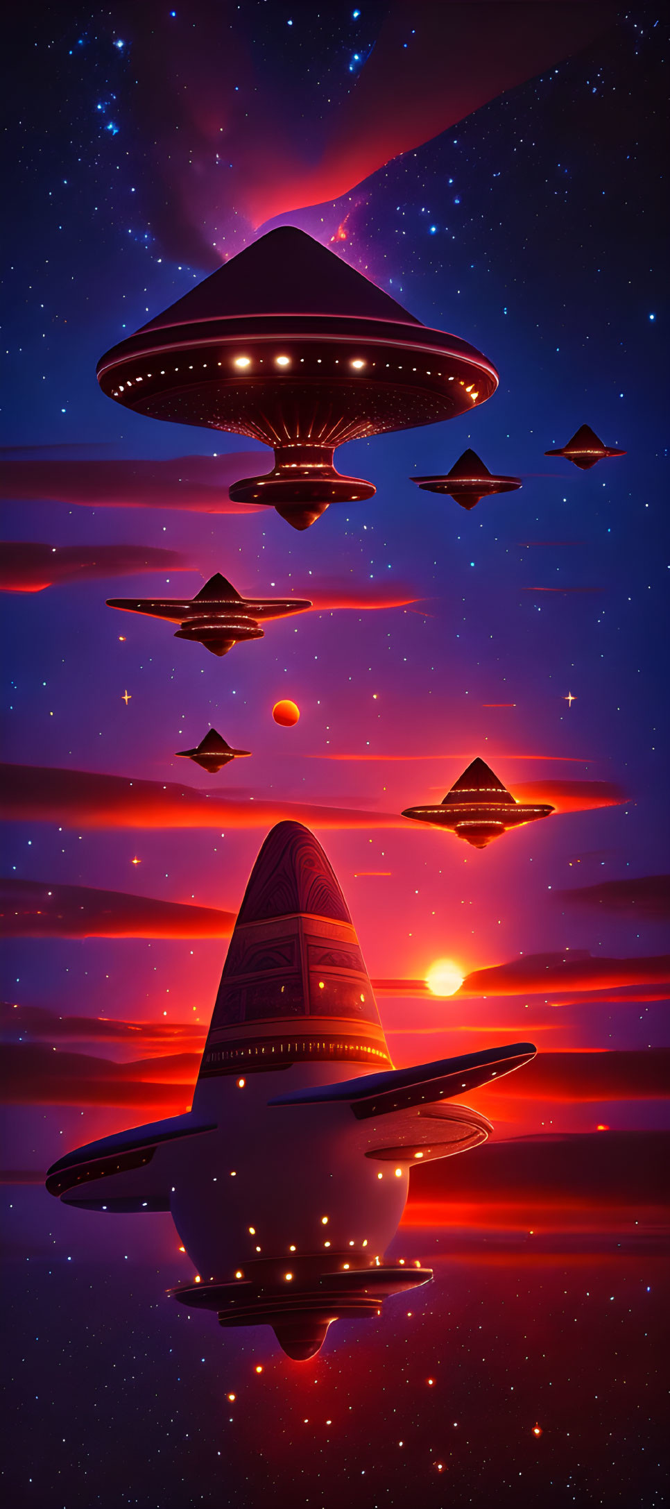 Fleet of UFOs in Vibrant Purple and Orange Sky