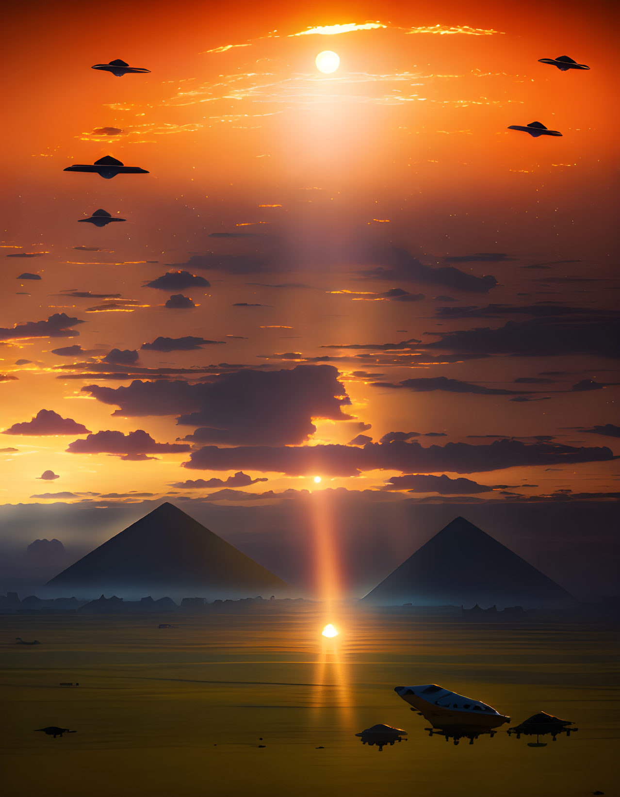 Sunset over Pyramids with Sun Reflection on Water and Silhouetted Birds