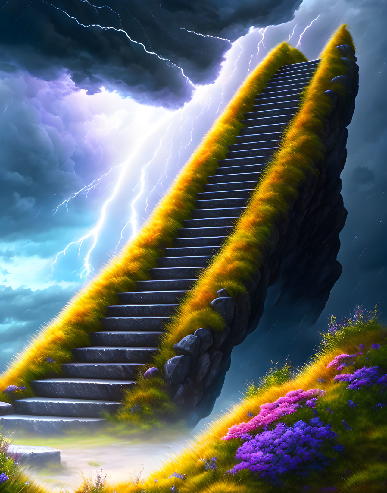 Ethereal staircase with vibrant flowers under stormy skies