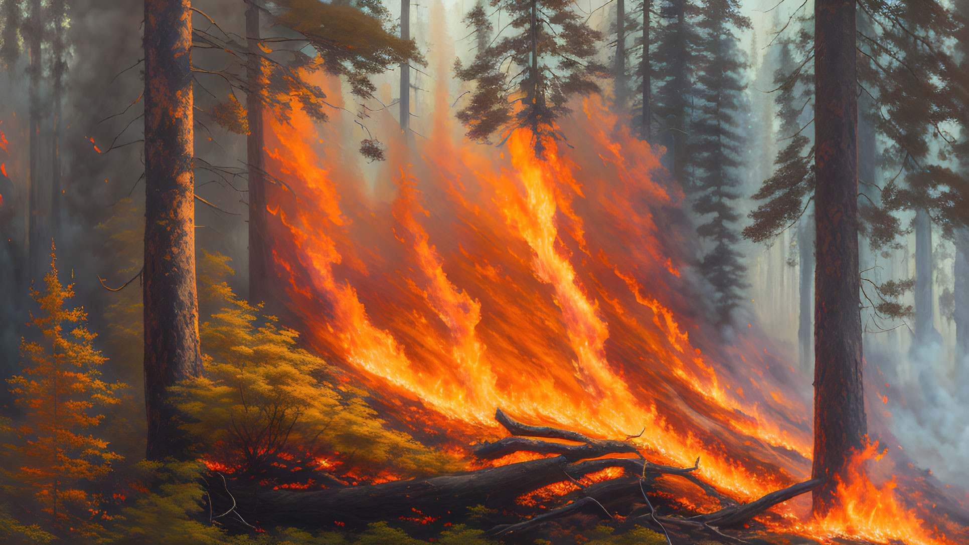 Intense forest fire with towering flames in smoke-filled woodland