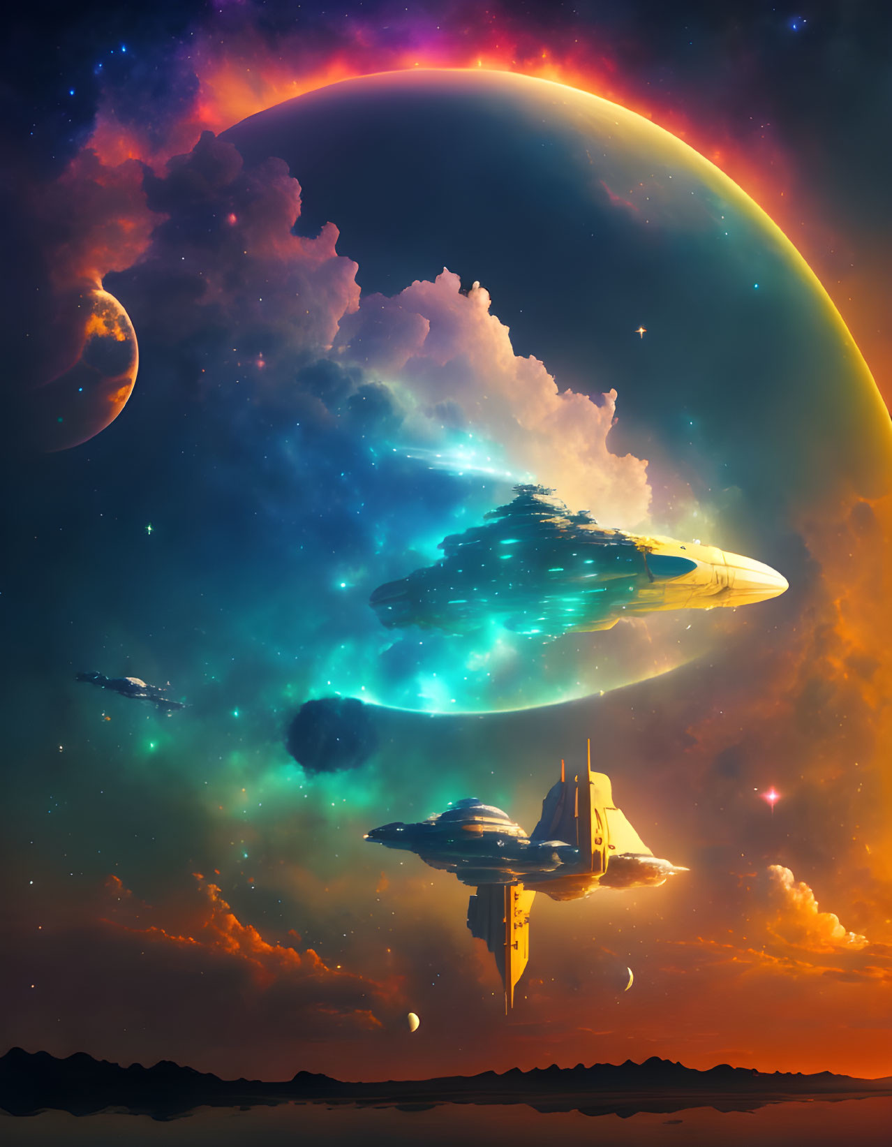 Colorful sci-fi scene: spaceships, planet, moons, stars, interstellar cloudscape at