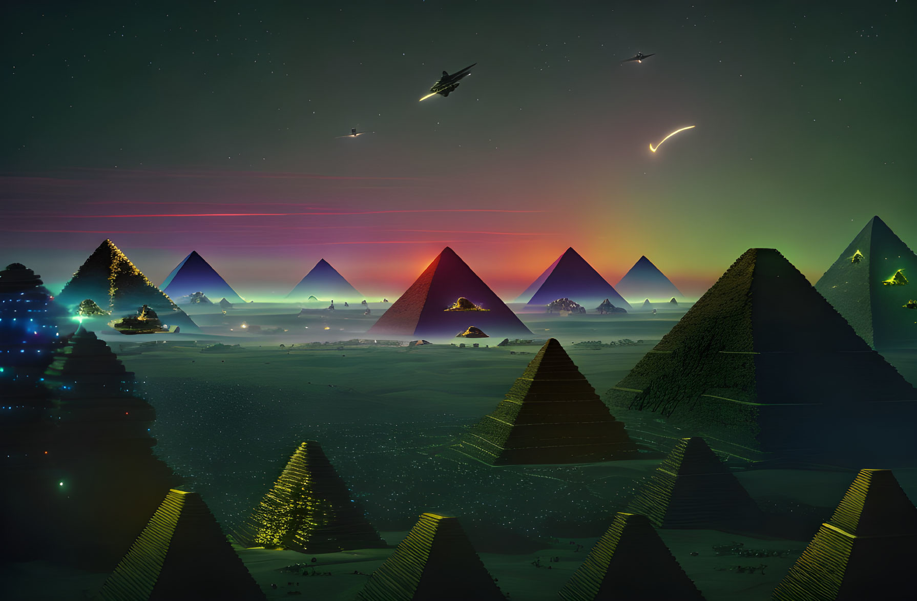 Surreal landscape with pyramids, greenery, night sky, auroras, shooting stars,