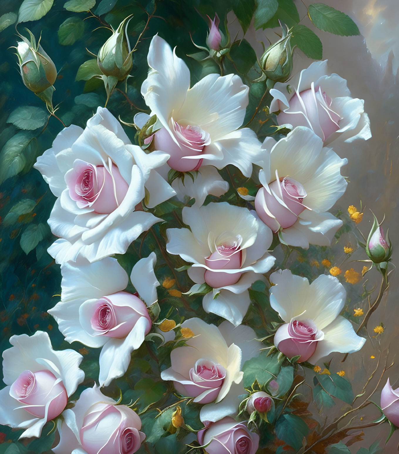 Delicate white roses with pink centers on dark leafy backdrop