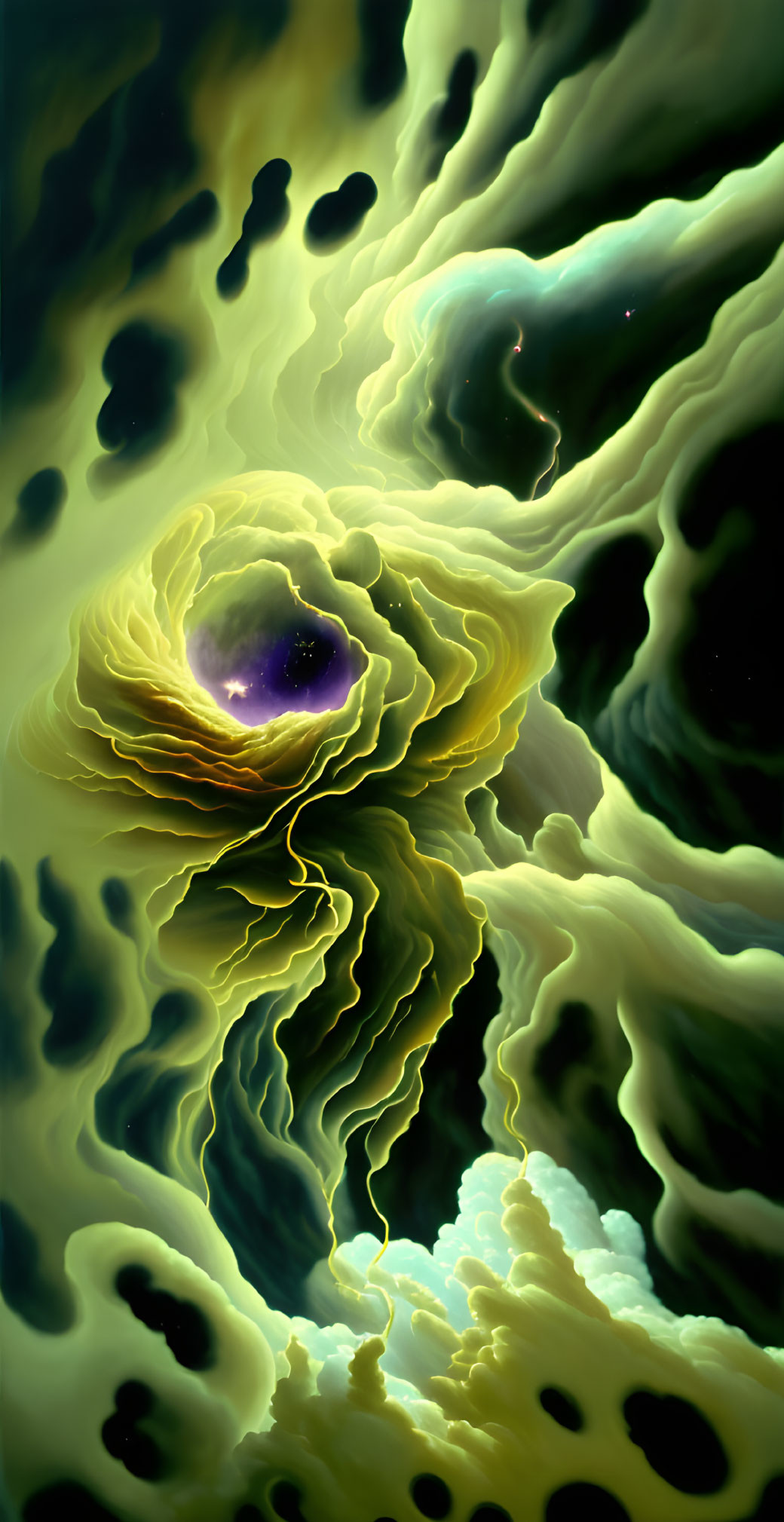 Abstract yellow and green fractal pattern resembling a blooming flower on a dark backdrop