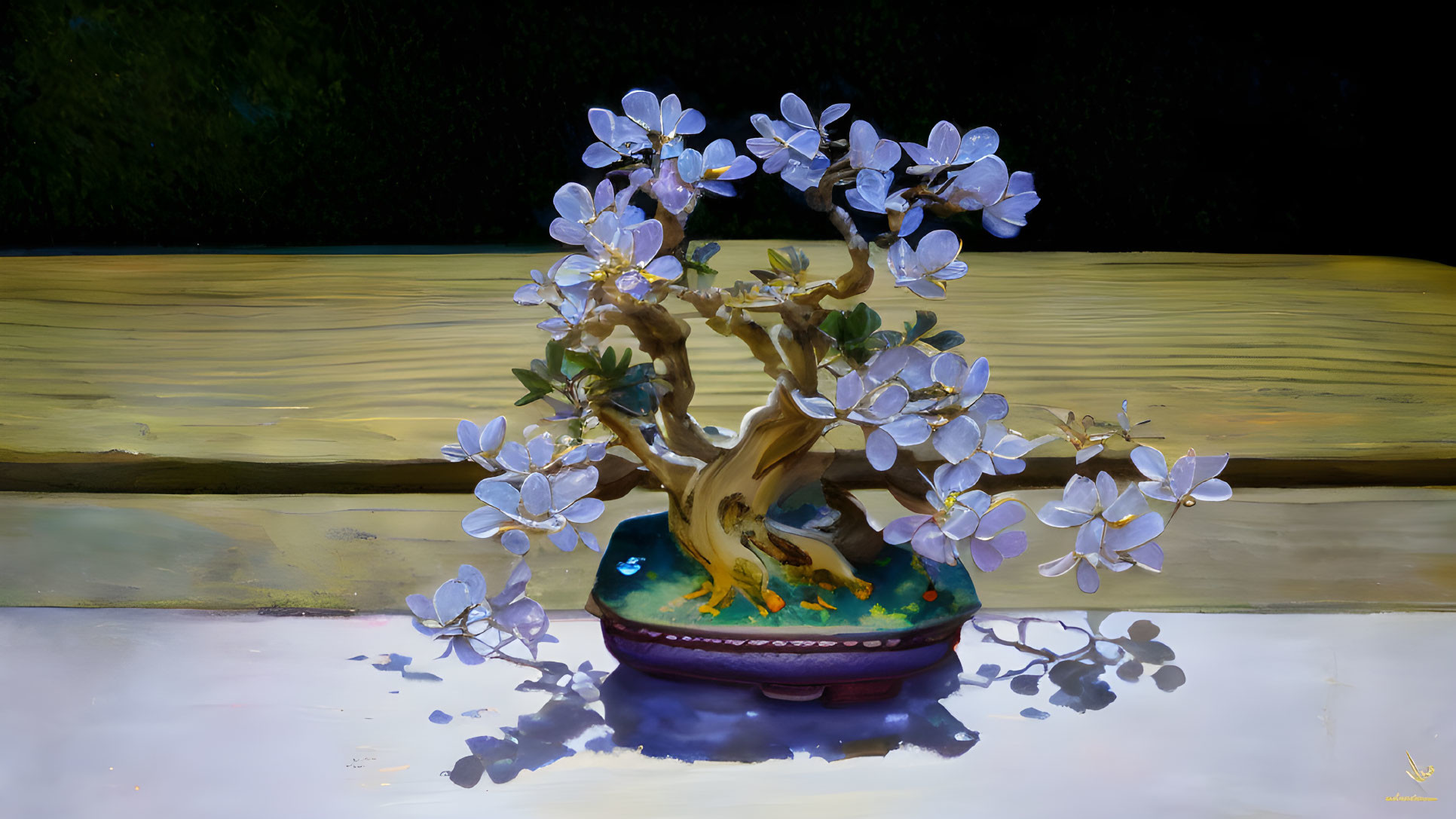 Illuminated artificial bonsai tree with white blossoms on reflective surface