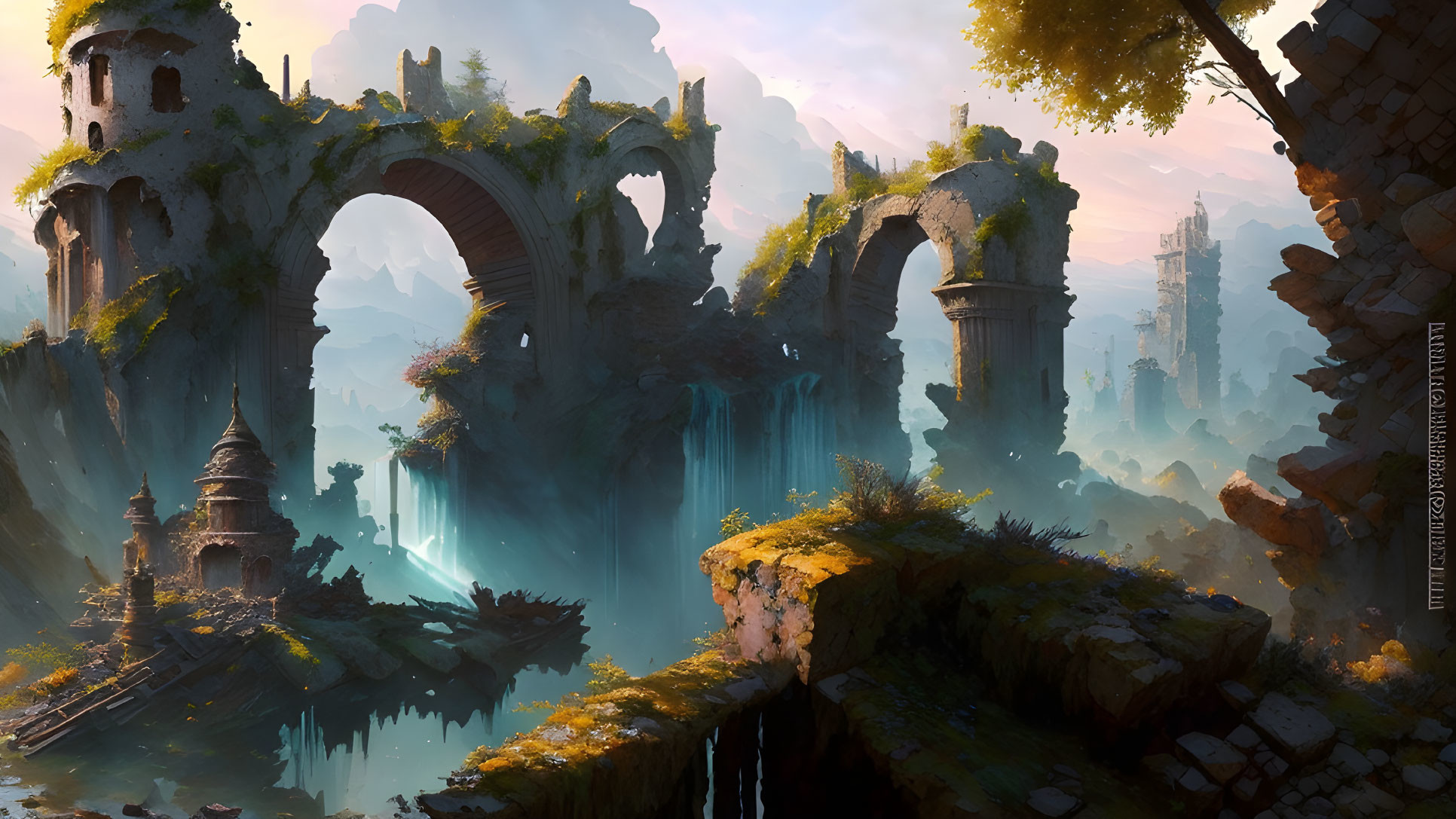 Fantasy landscape with ancient ruins, waterfalls, and lush vegetation