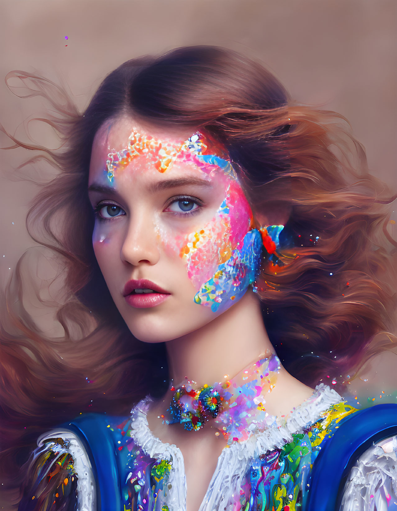 Vibrant digital portrait blending realism with abstract colors