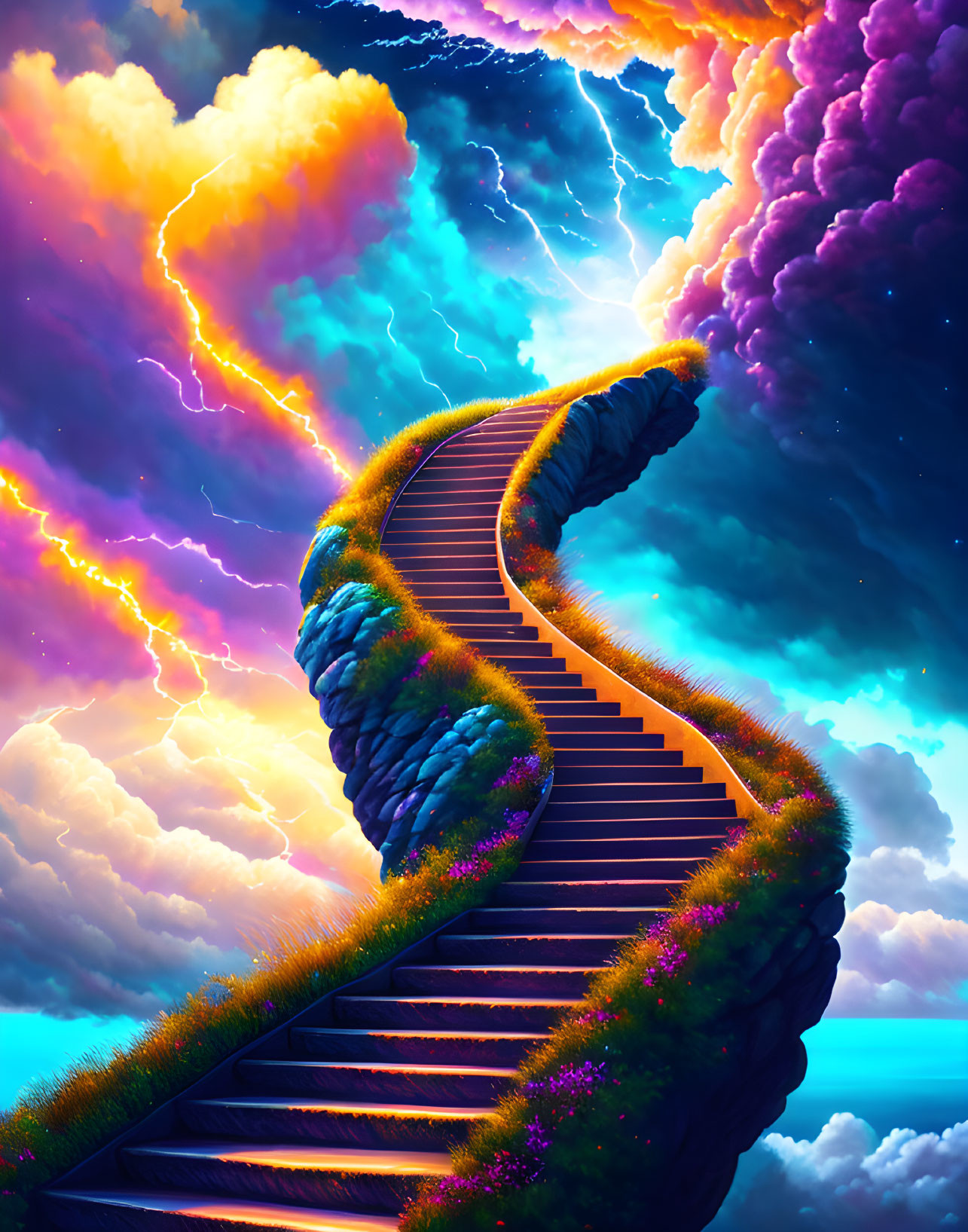 Surreal digital artwork: Vibrant staircase in stormy sky