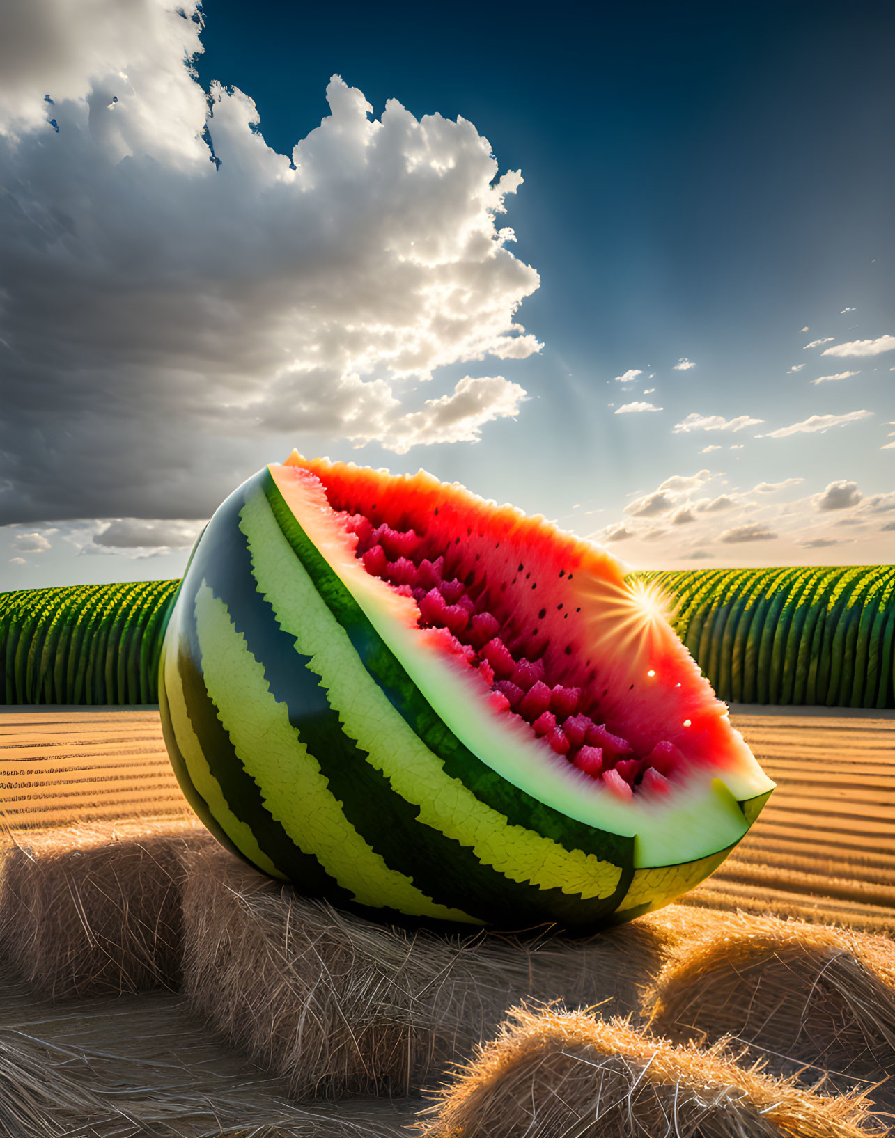 Colorful watermelon in sunny farmland scene with straw bales and plowed fields