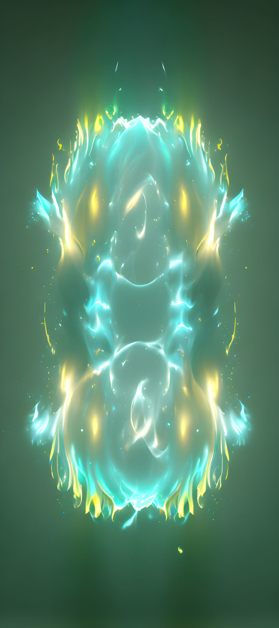 Colorful energy vortex with yellow and blue flames on green background