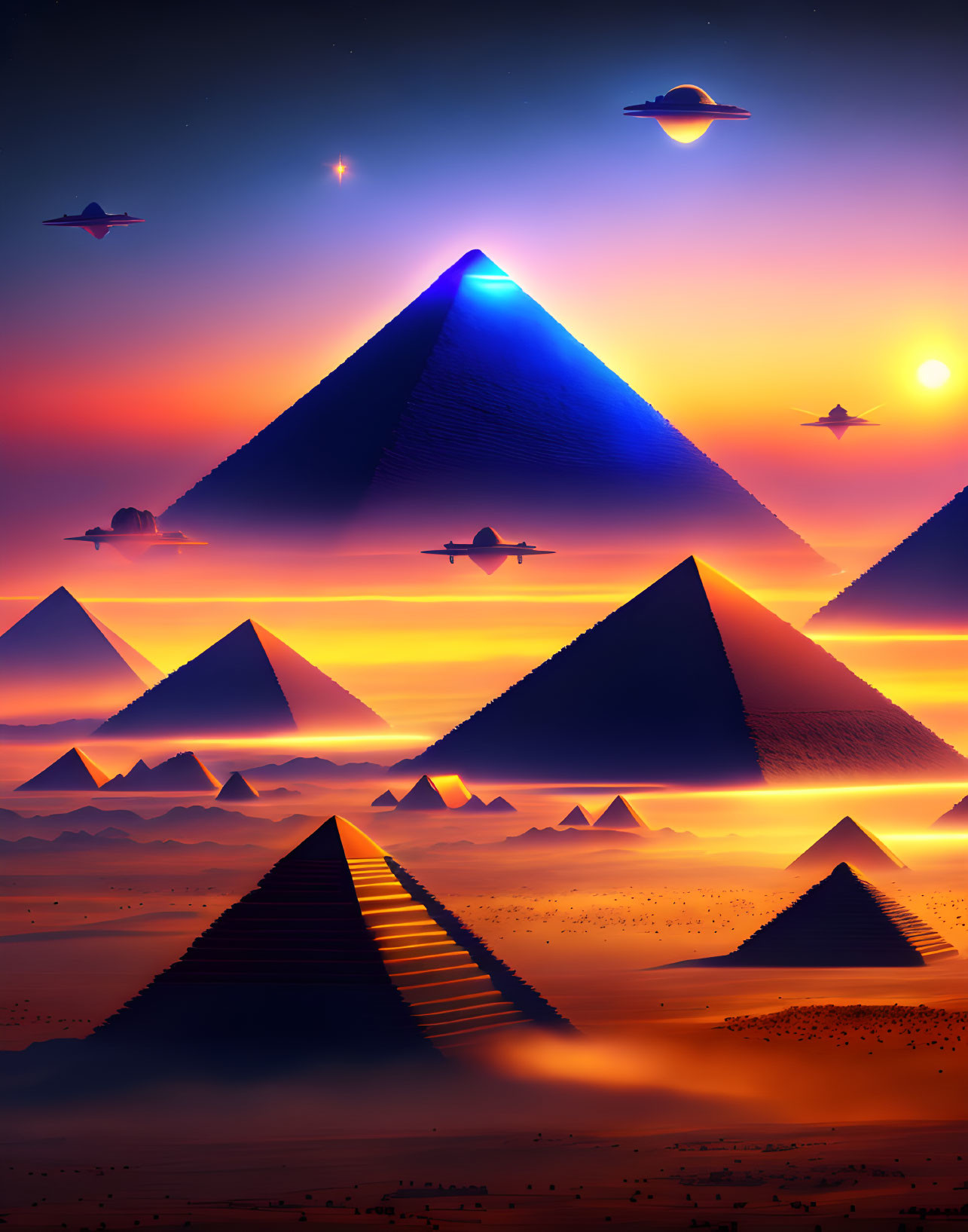 Vivid desert pyramid artwork with sunset sky and flying saucers.