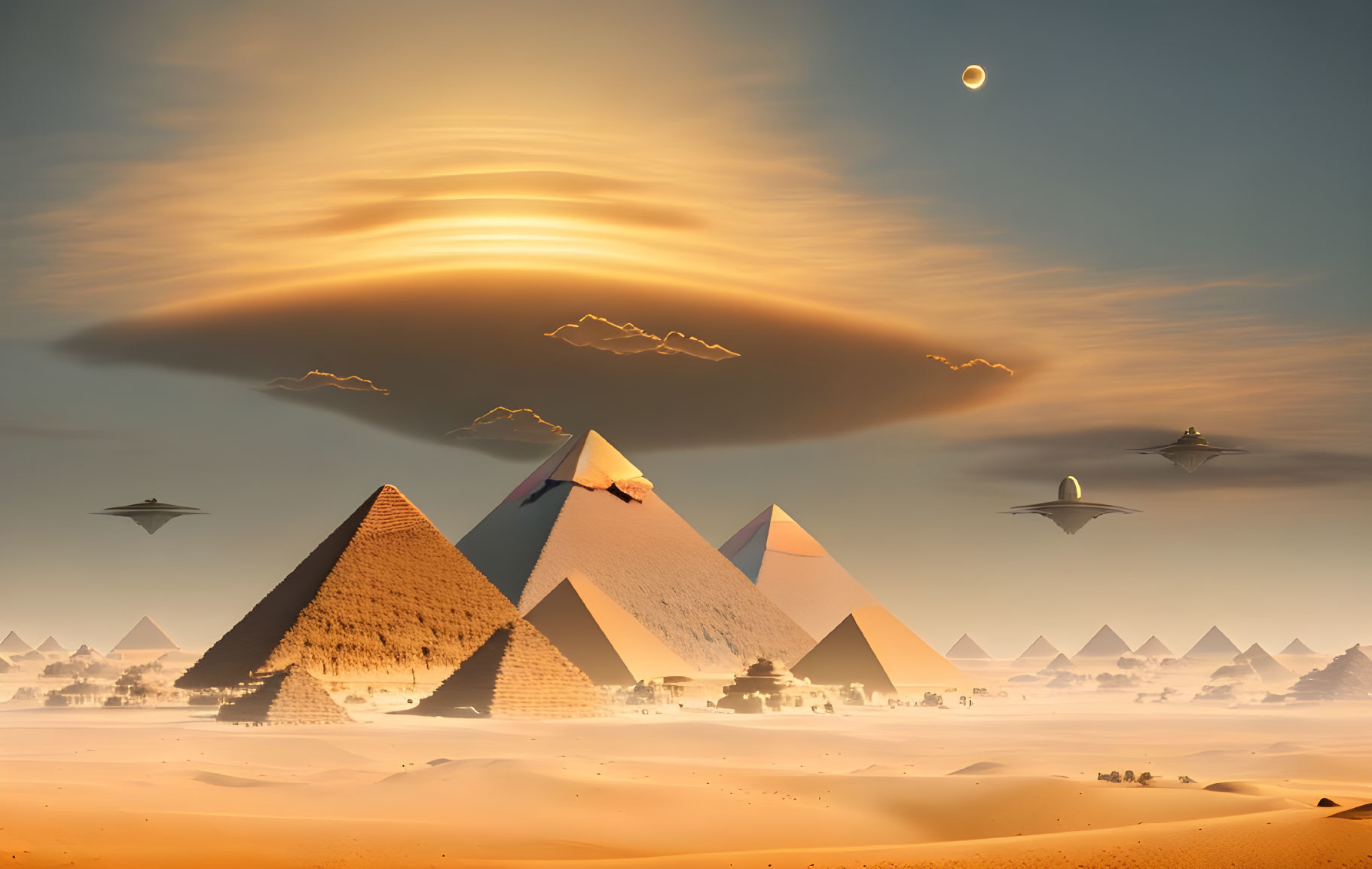 Desert landscape with pyramids, UFOs, and crescent moon under dramatic sky