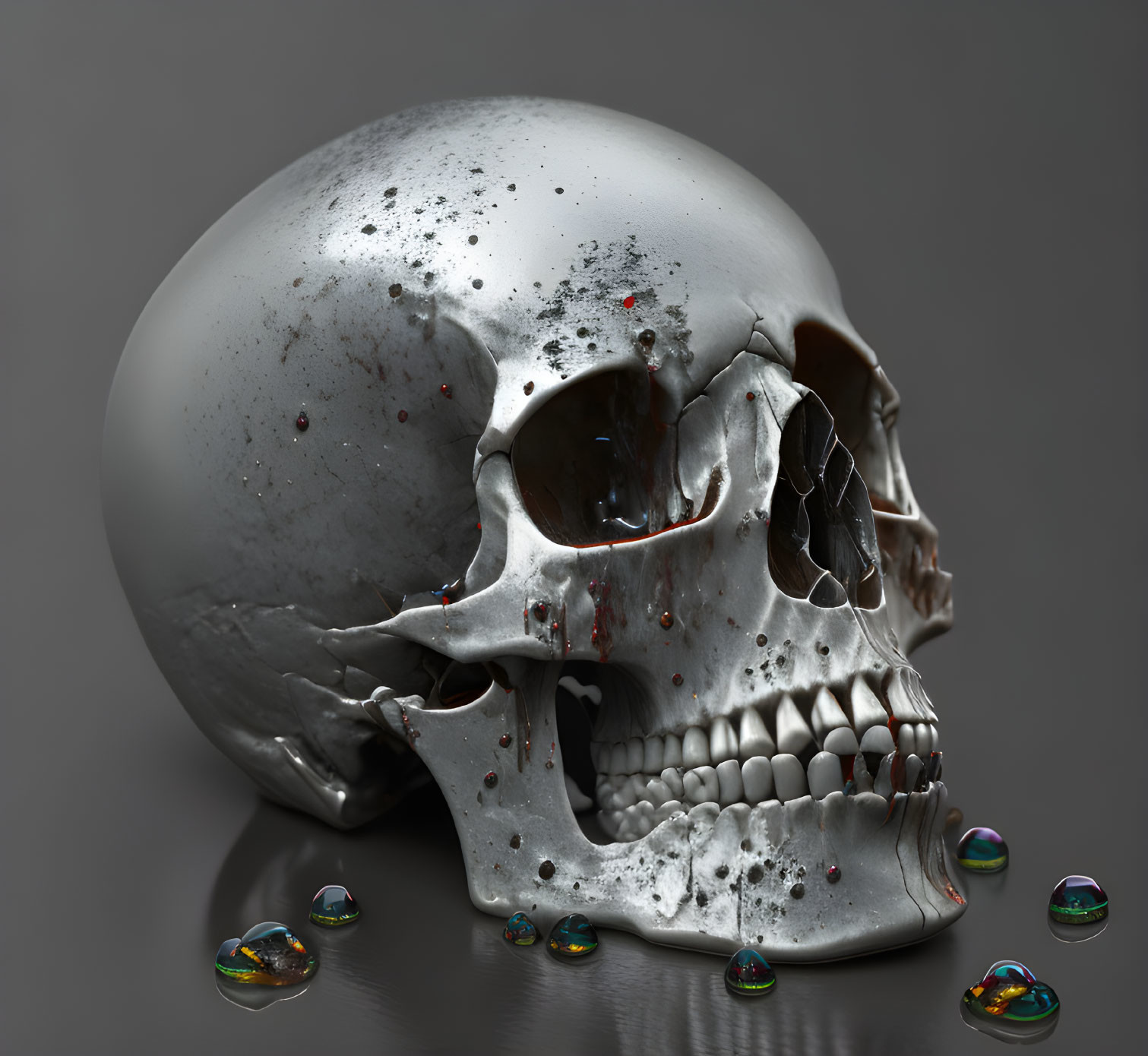 Reflective metallic skull with red splatter on dark background, surrounded by colorful droplets