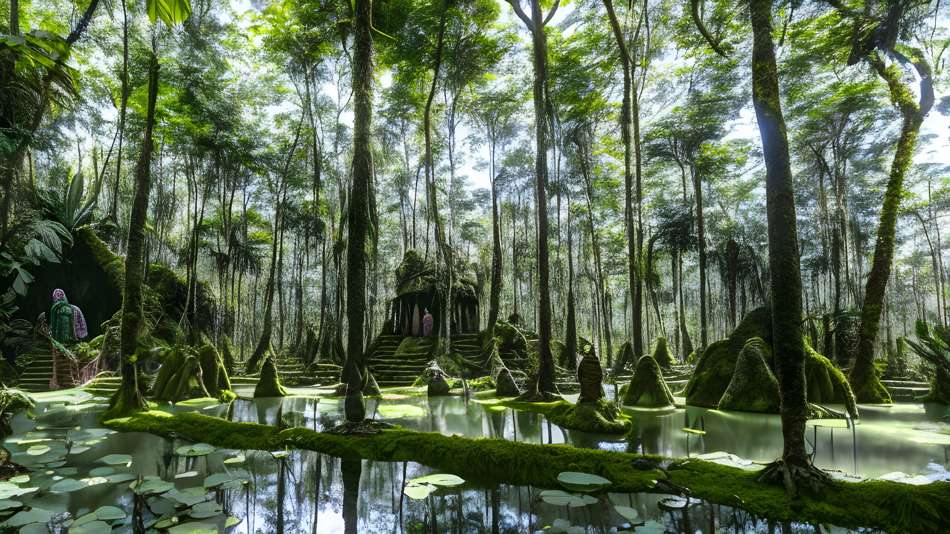 Tranquil forest scene with moss-covered trees and pond.