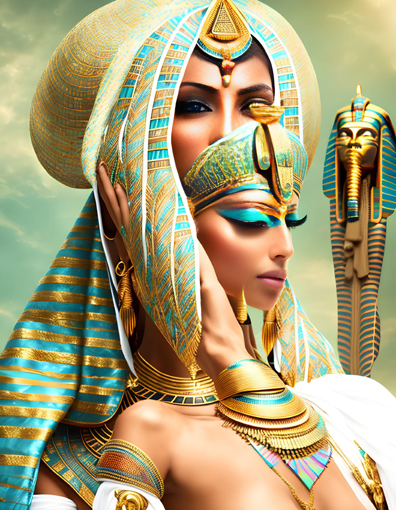 Intricate Ancient Egyptian-style attire with headdress and golden jewelry.