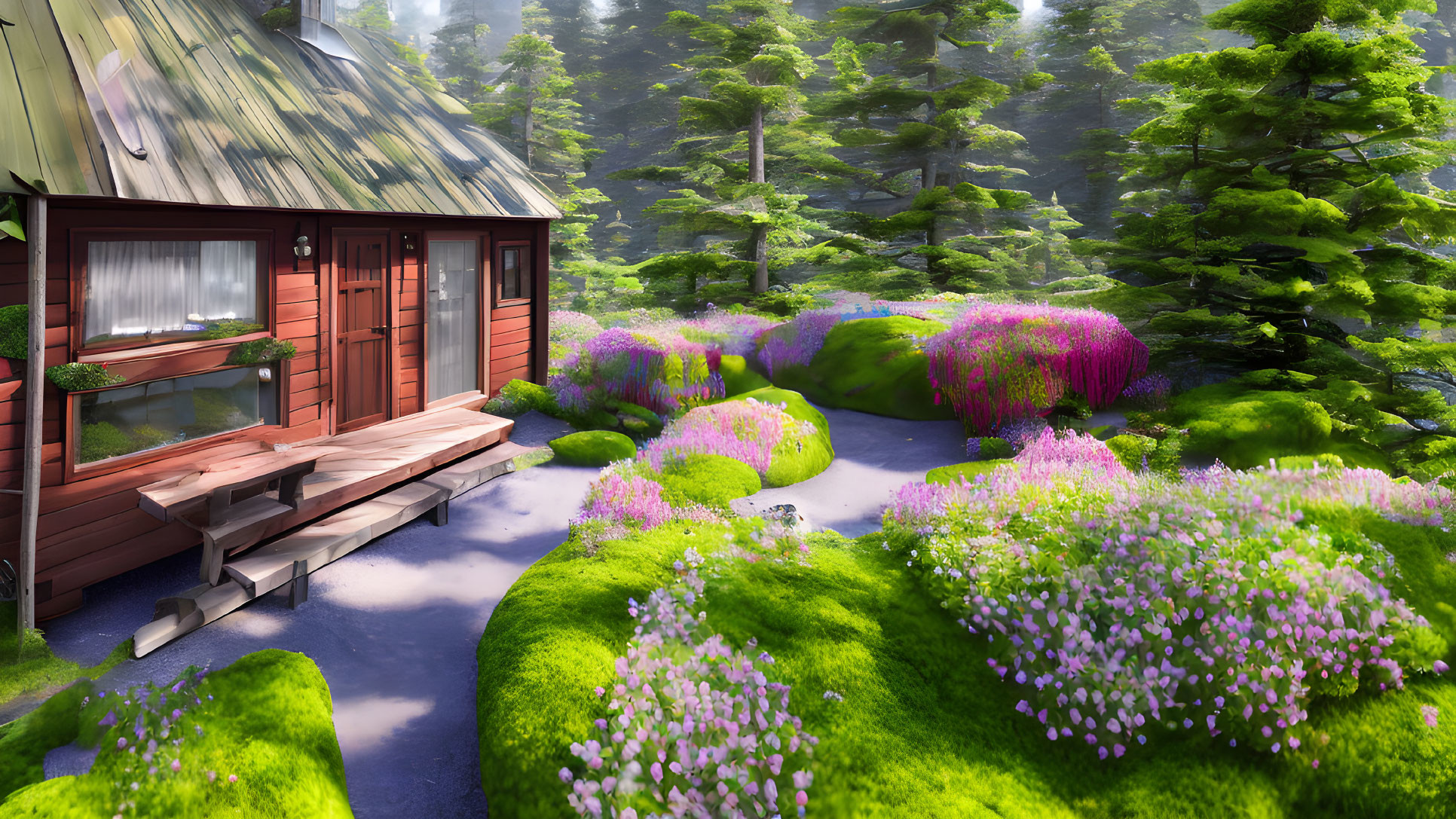 Wooden cabin with green roof amid lush greenery and purple wildflowers