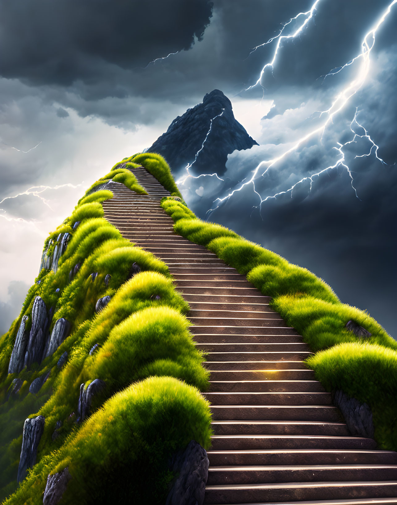 Stone staircase ascends moss-covered mountain path under dramatic sky with lightning strikes