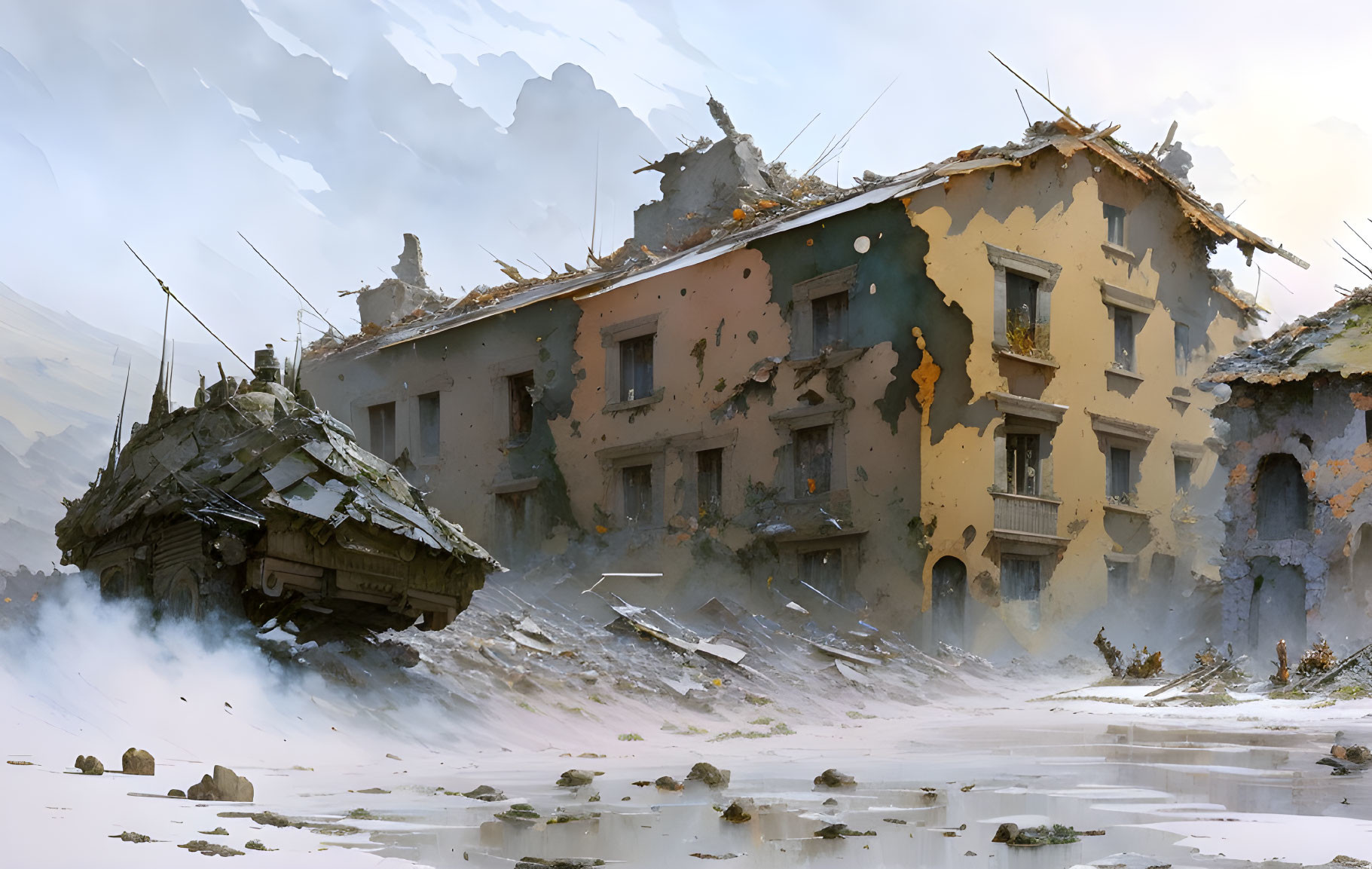 Armored tank maneuvers through destroyed cityscape.