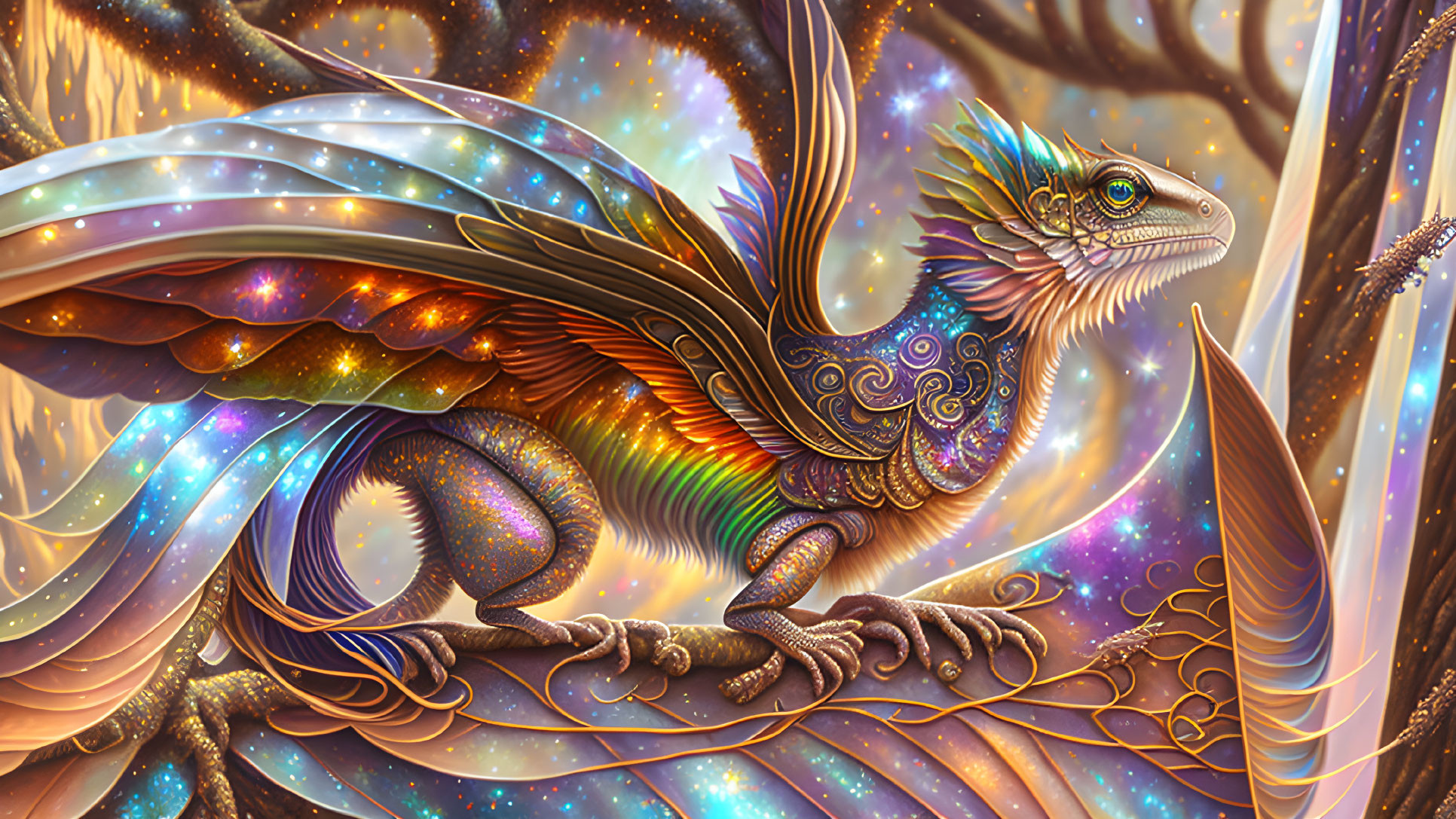 Colorful mythical dragon-like creature in enchanting forest.