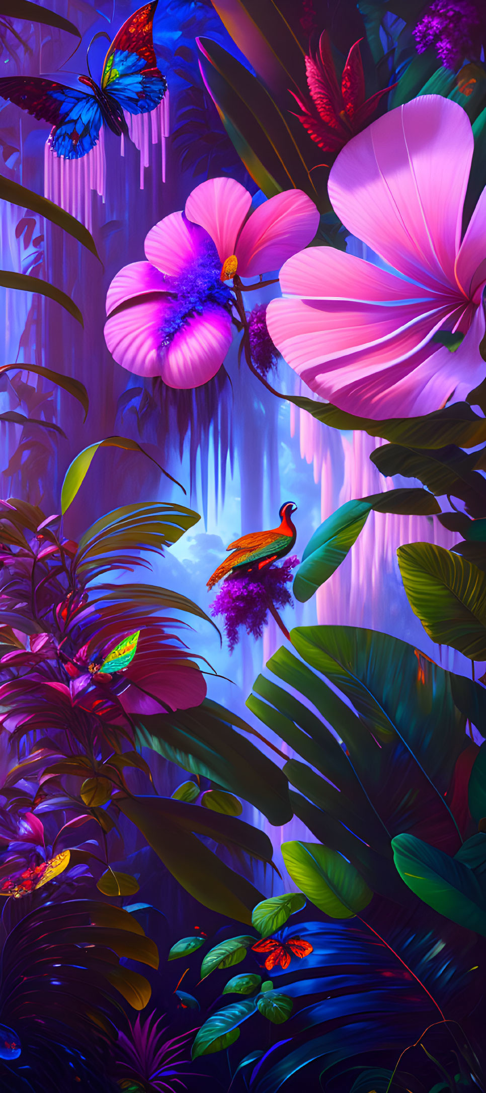 Colorful jungle digital art with butterflies, flowers, and peacock