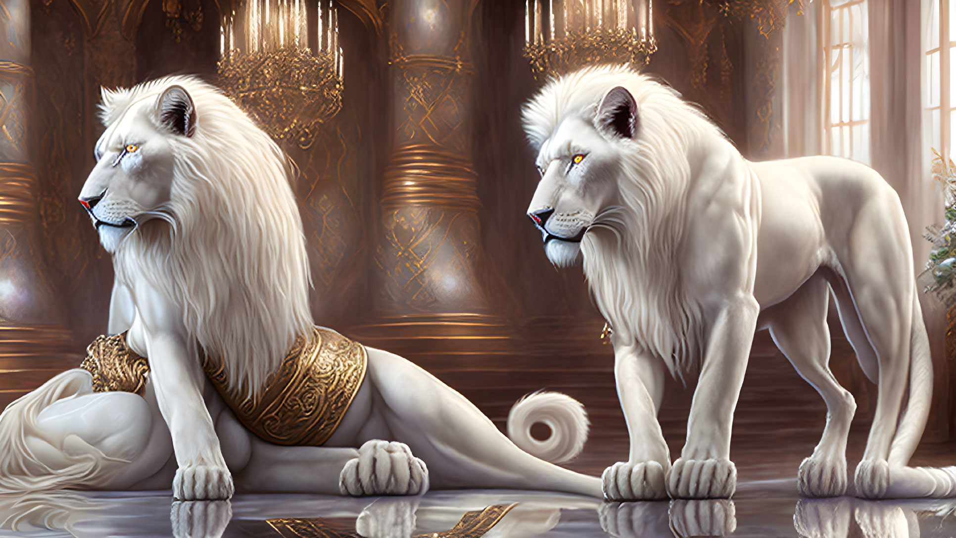 Majestic white lions with golden eyes in opulent room