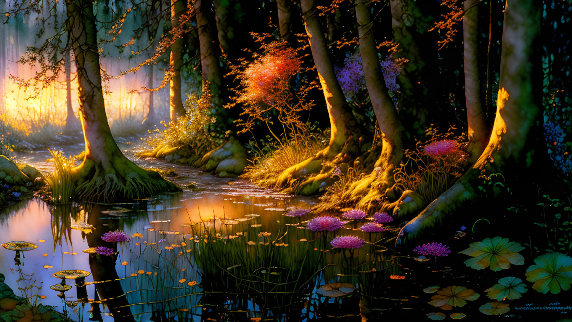 Sunlit forest with moss, flowers, and stream.