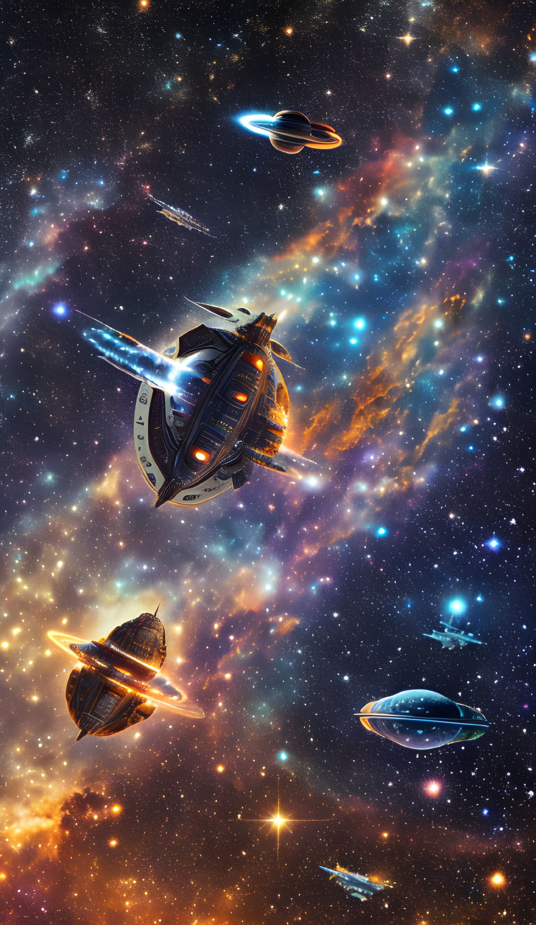 Futuristic spaceships in vibrant cosmos with colorful nebulas