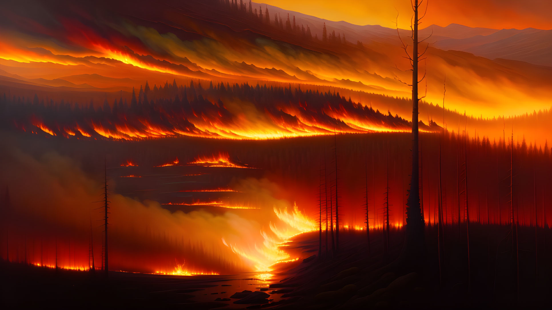 Intense wildfire engulfs forest with dramatic orange and red skyline