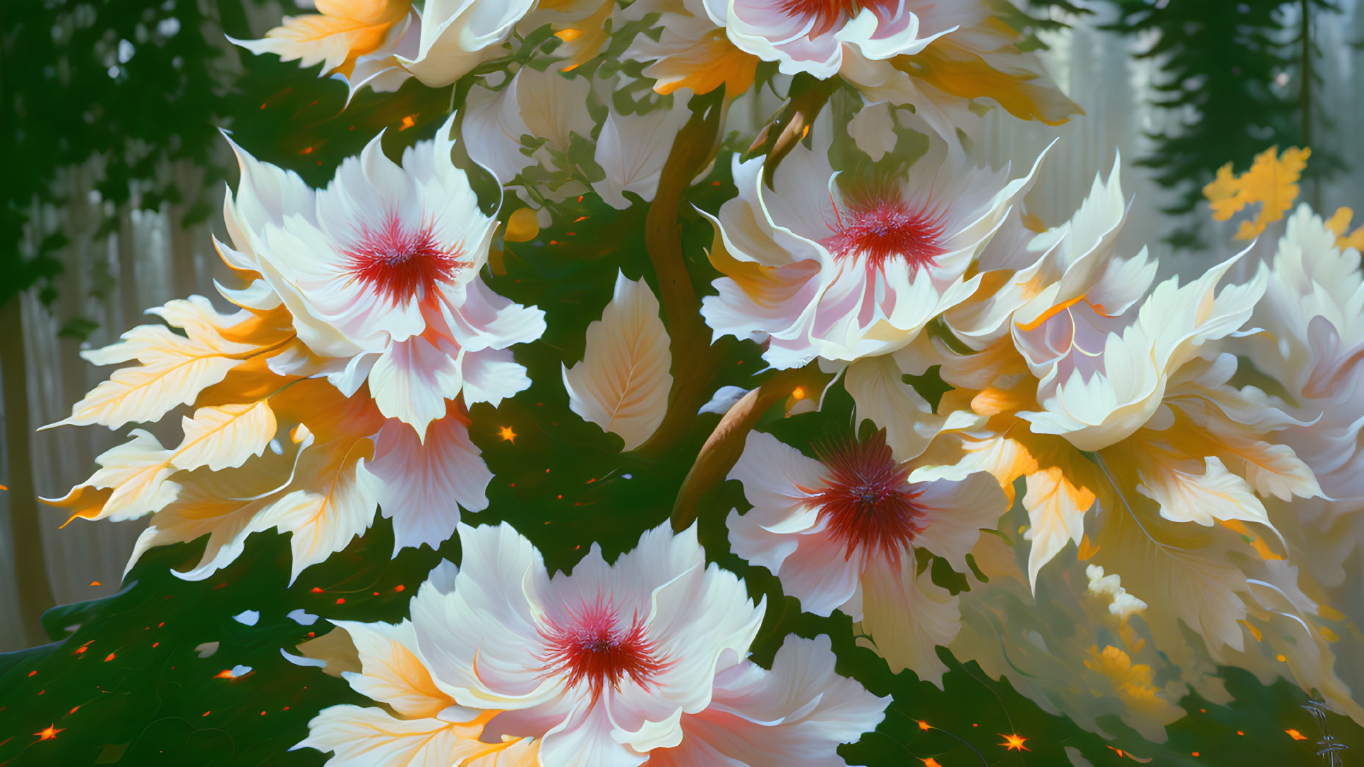 White and Orange Flowers with Red Centers Among Green Foliage