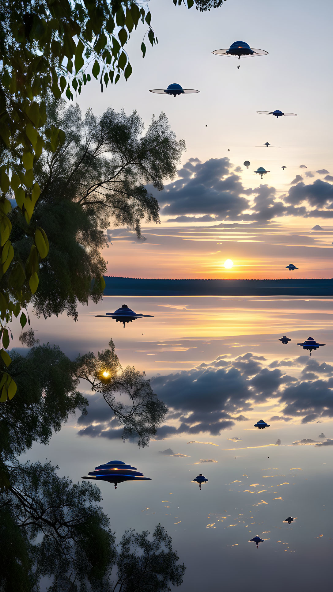 Tranquil lakeside sunset with flying saucers in the sky