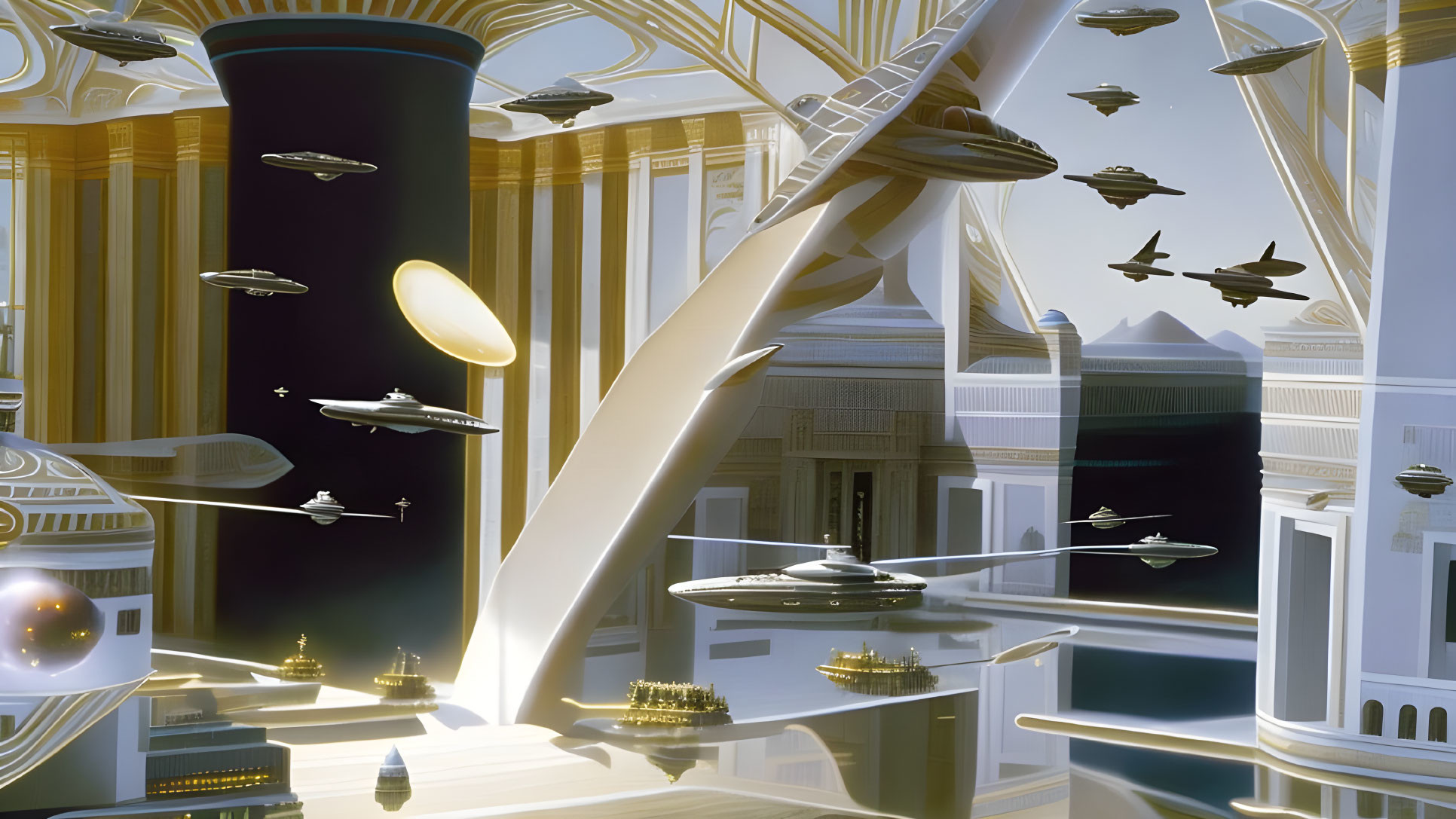 Futuristic cityscape with flying vehicles and classical architecture towers