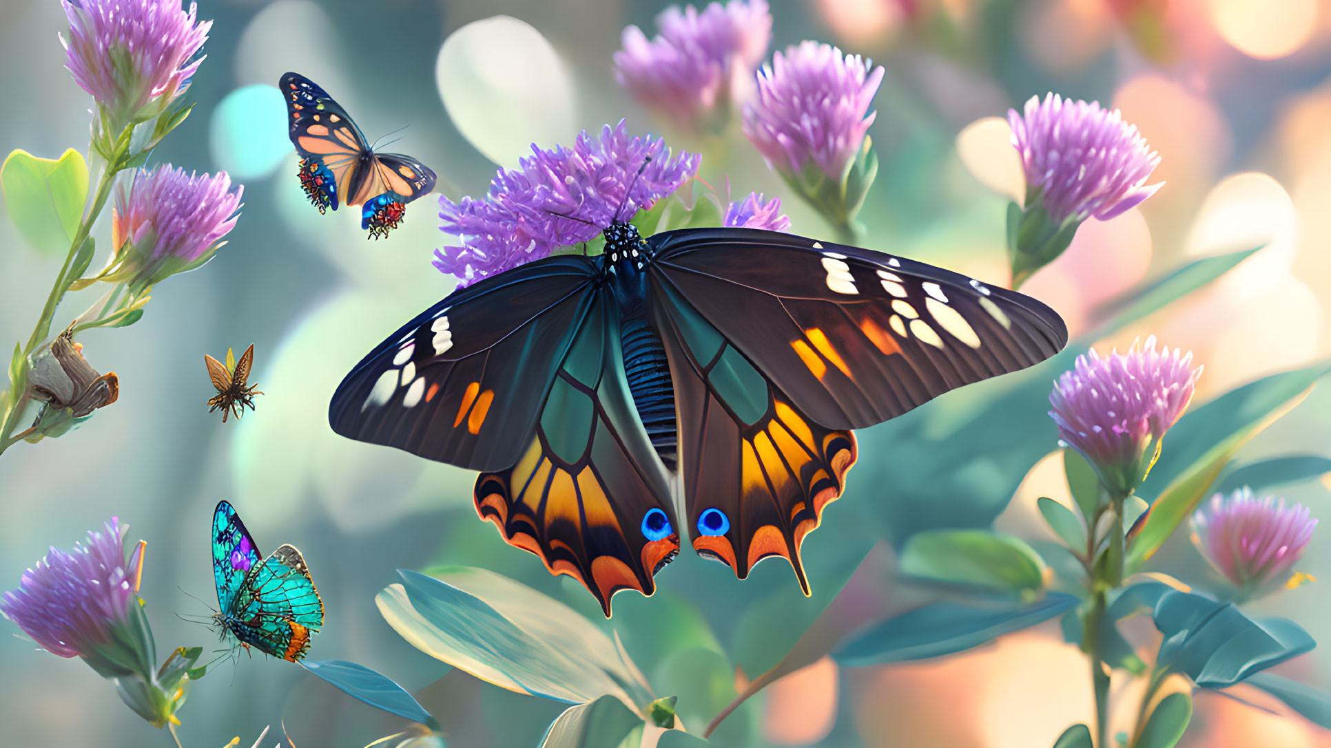 Colorful butterflies in purple flower garden with soft bokeh lighting