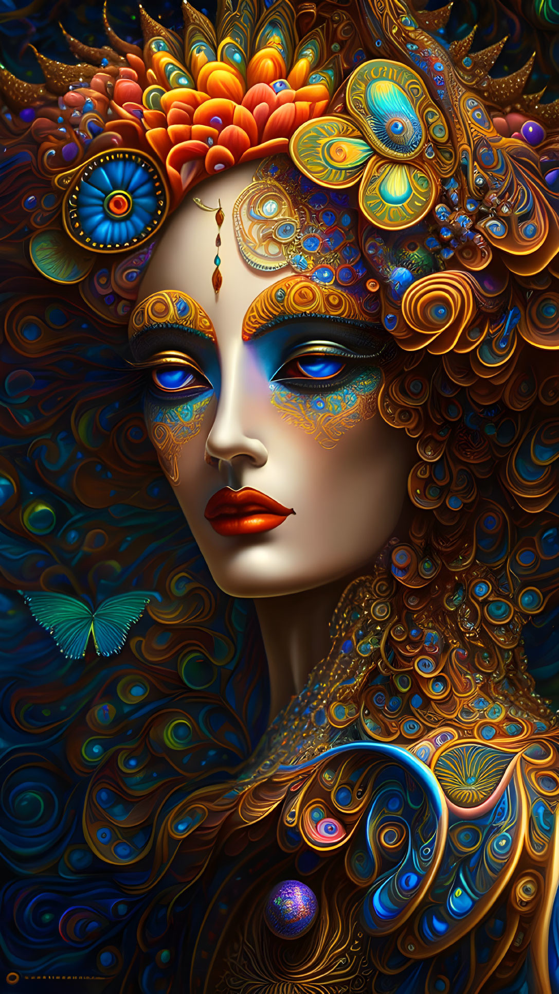 Digital artwork: Woman with peacock feather motifs, jewel tones, butterfly headdress