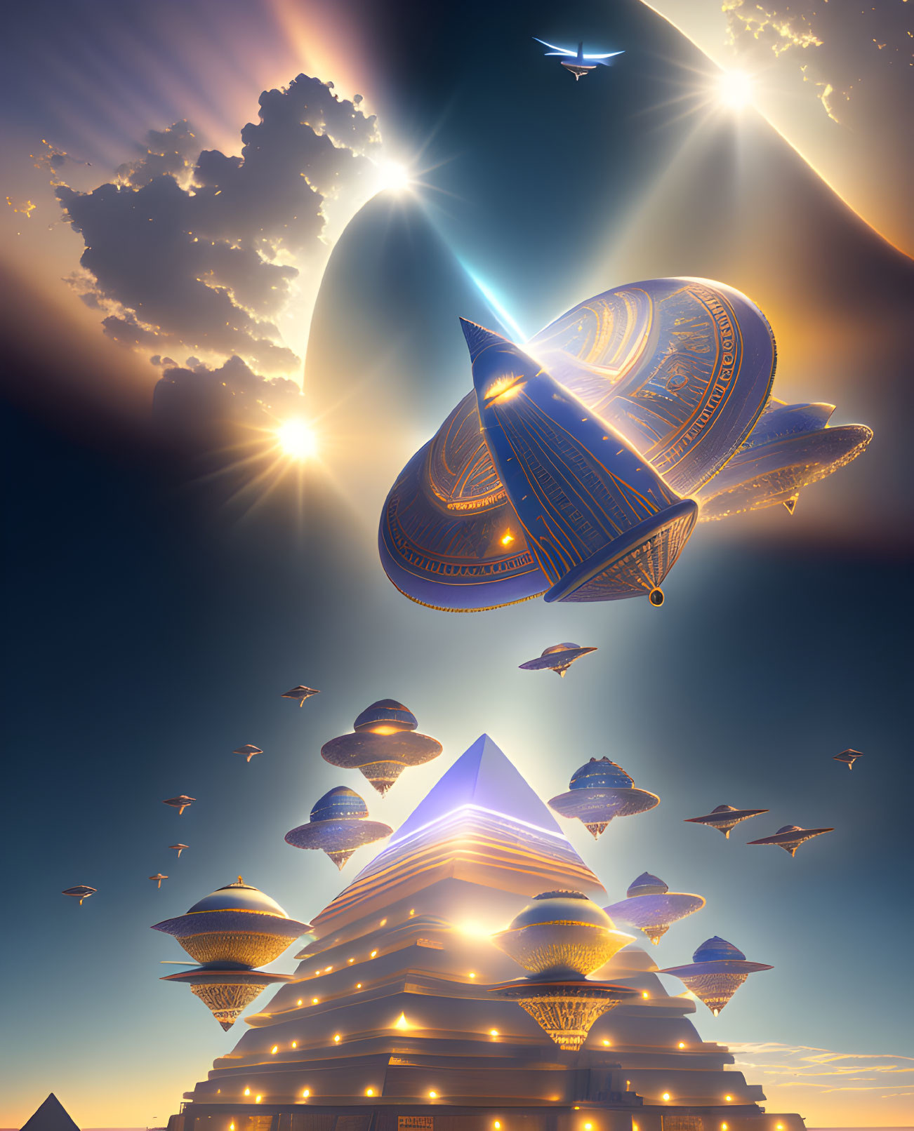 Futuristic spaceships over pyramid at twilight with distant planet