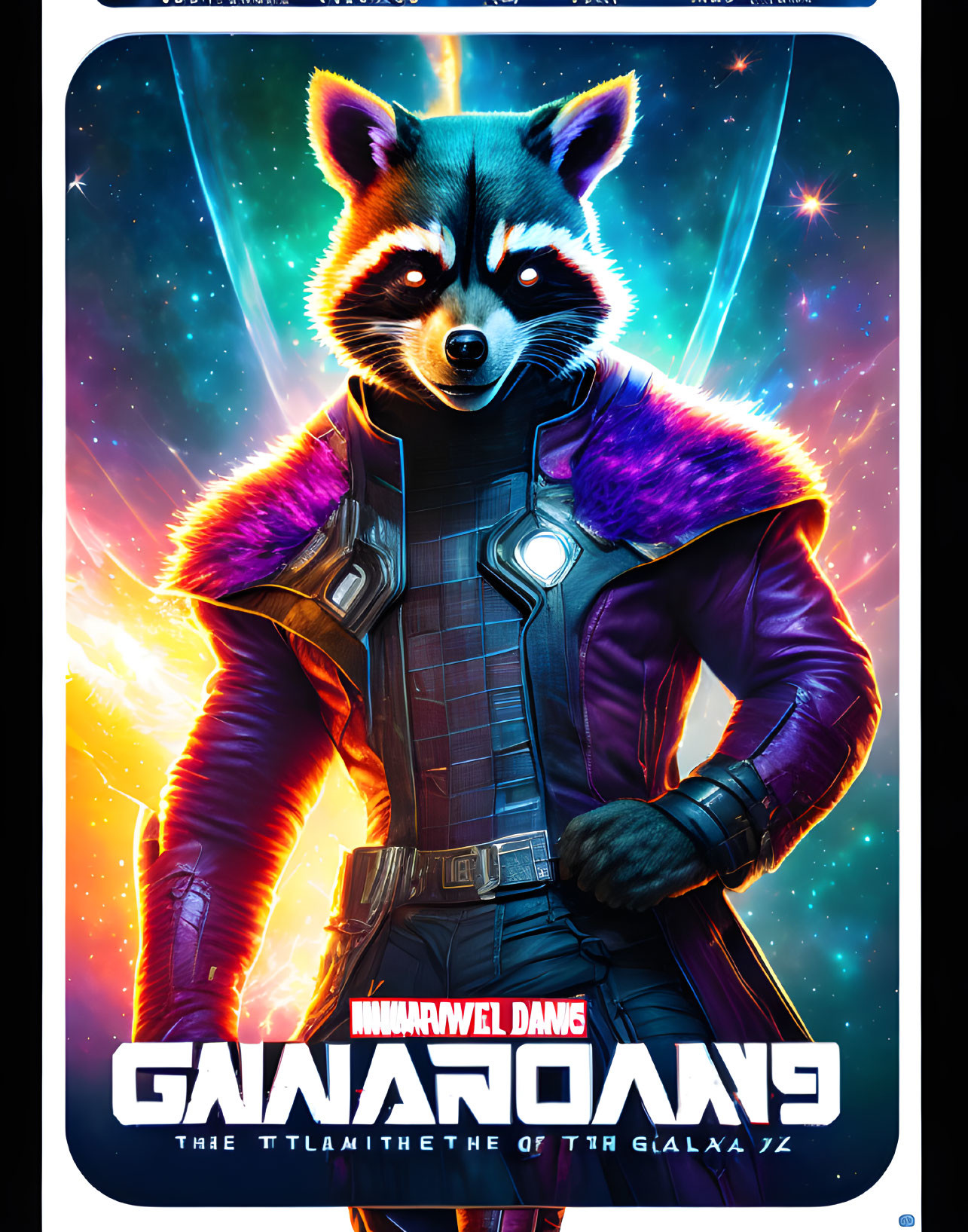 Anthropomorphic raccoon in sci-fi suit with cosmic background.