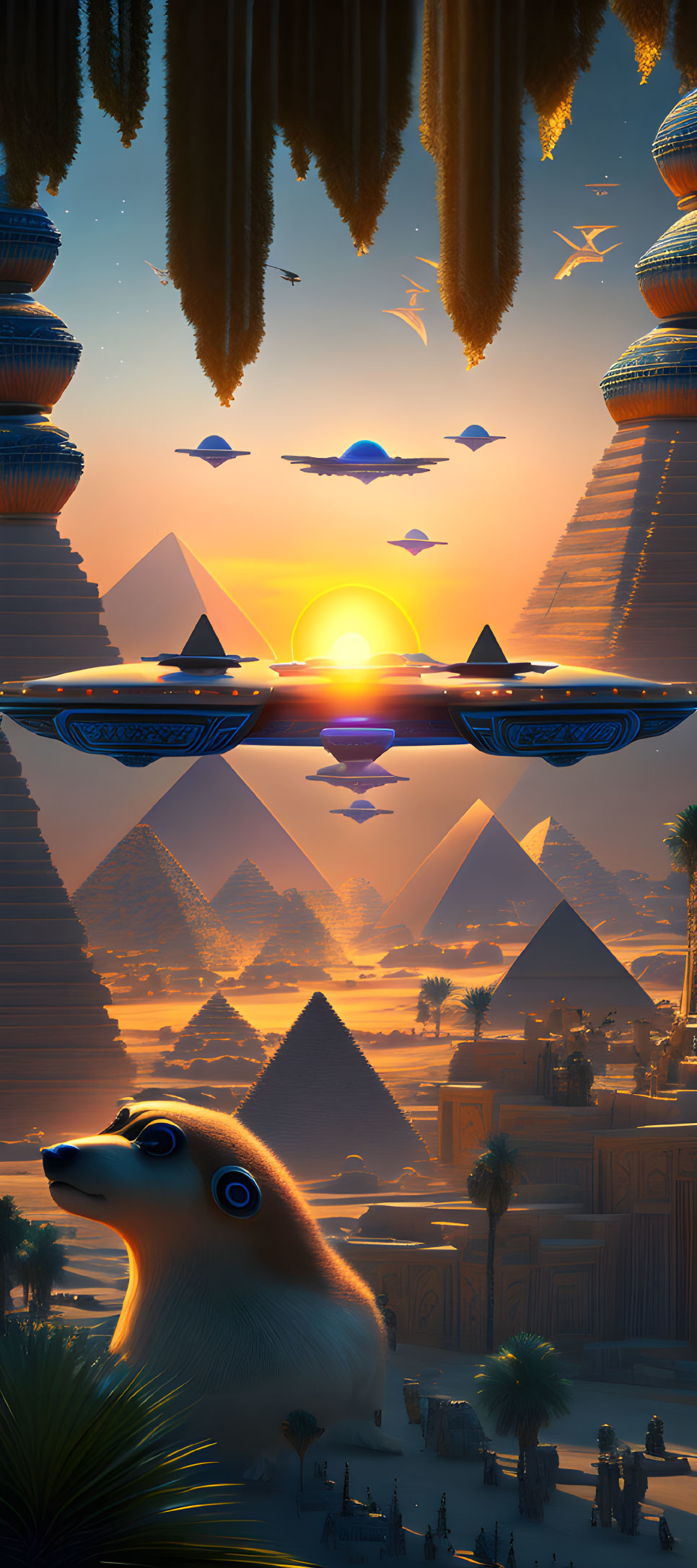 Futuristic Egyptian sunset with pyramids, meerkat, and advanced aircraft