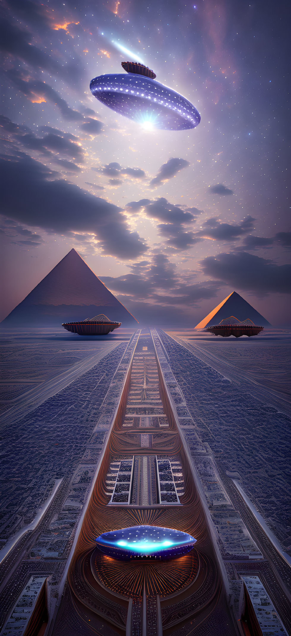 Futuristic UFO over advanced cityscape with hieroglyphic designs and pyramids