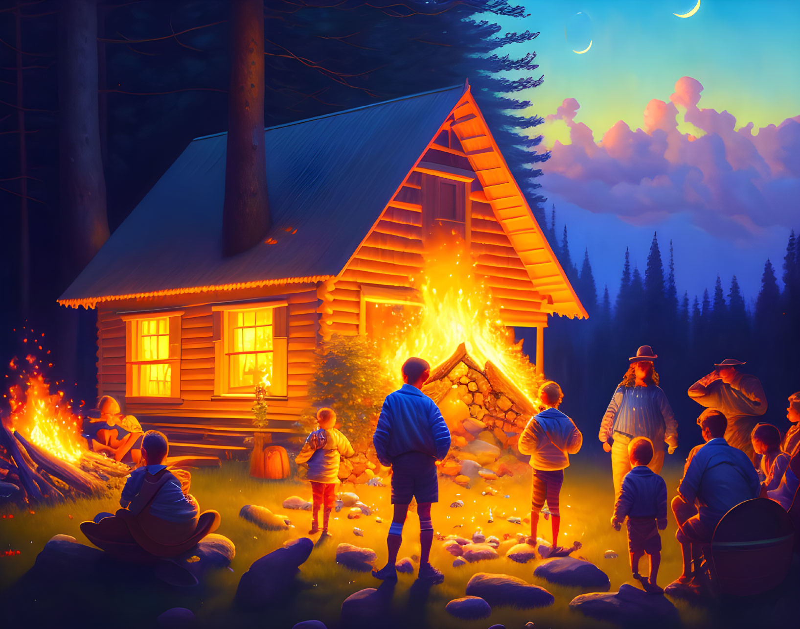 Group near bonfire by cozy cabin in woods at dusk with crescent moons